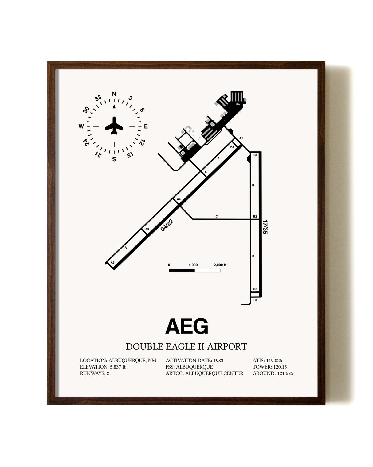 Double Eagle II Airport aviation print in walnut frame