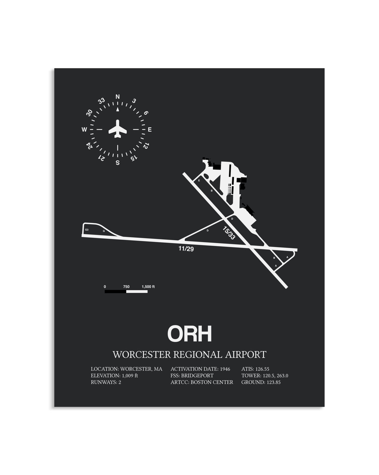 Gray Framed Worcester Regional Airport layout wall art poster