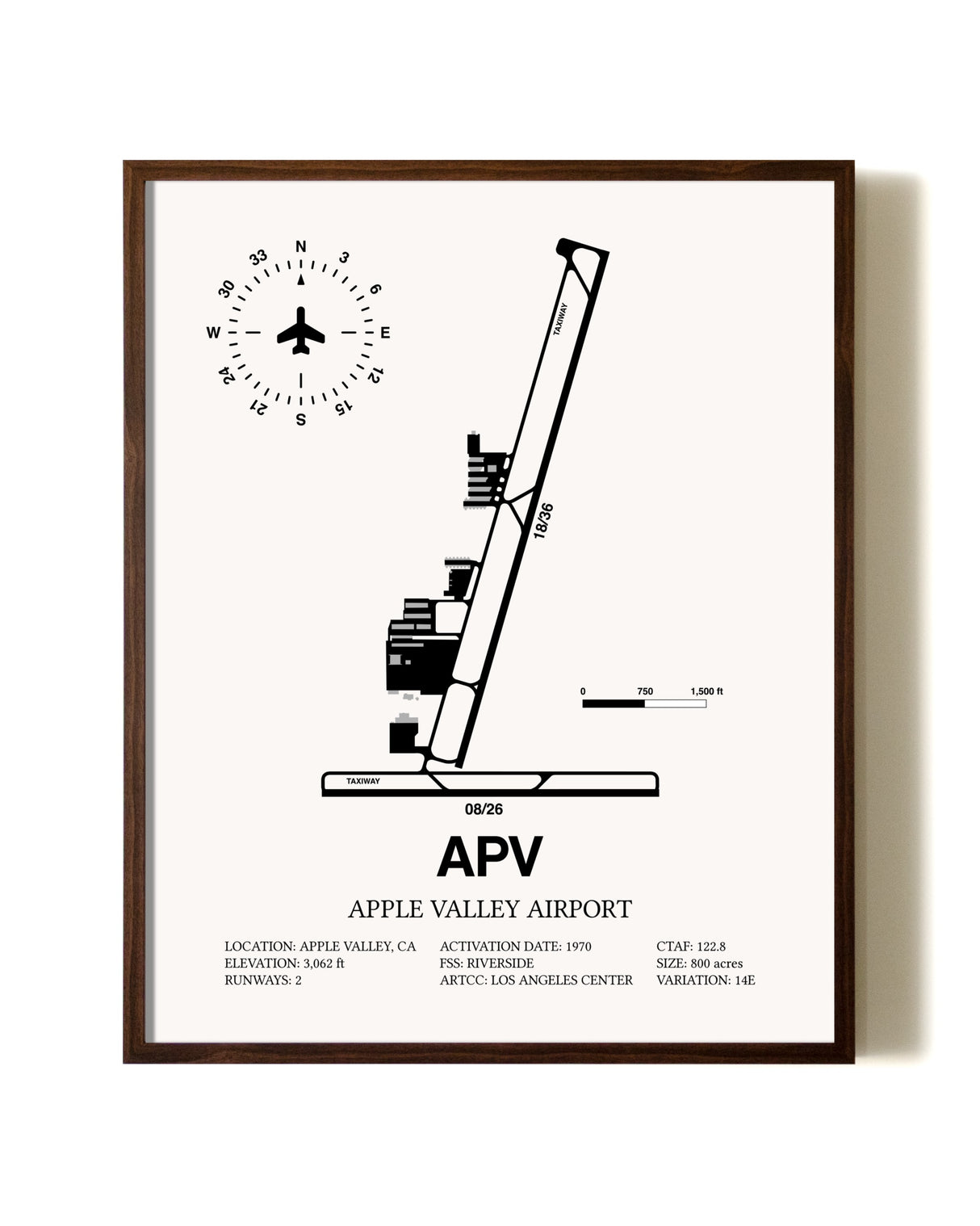 Apple Valley Airport aviation print in walnut frame