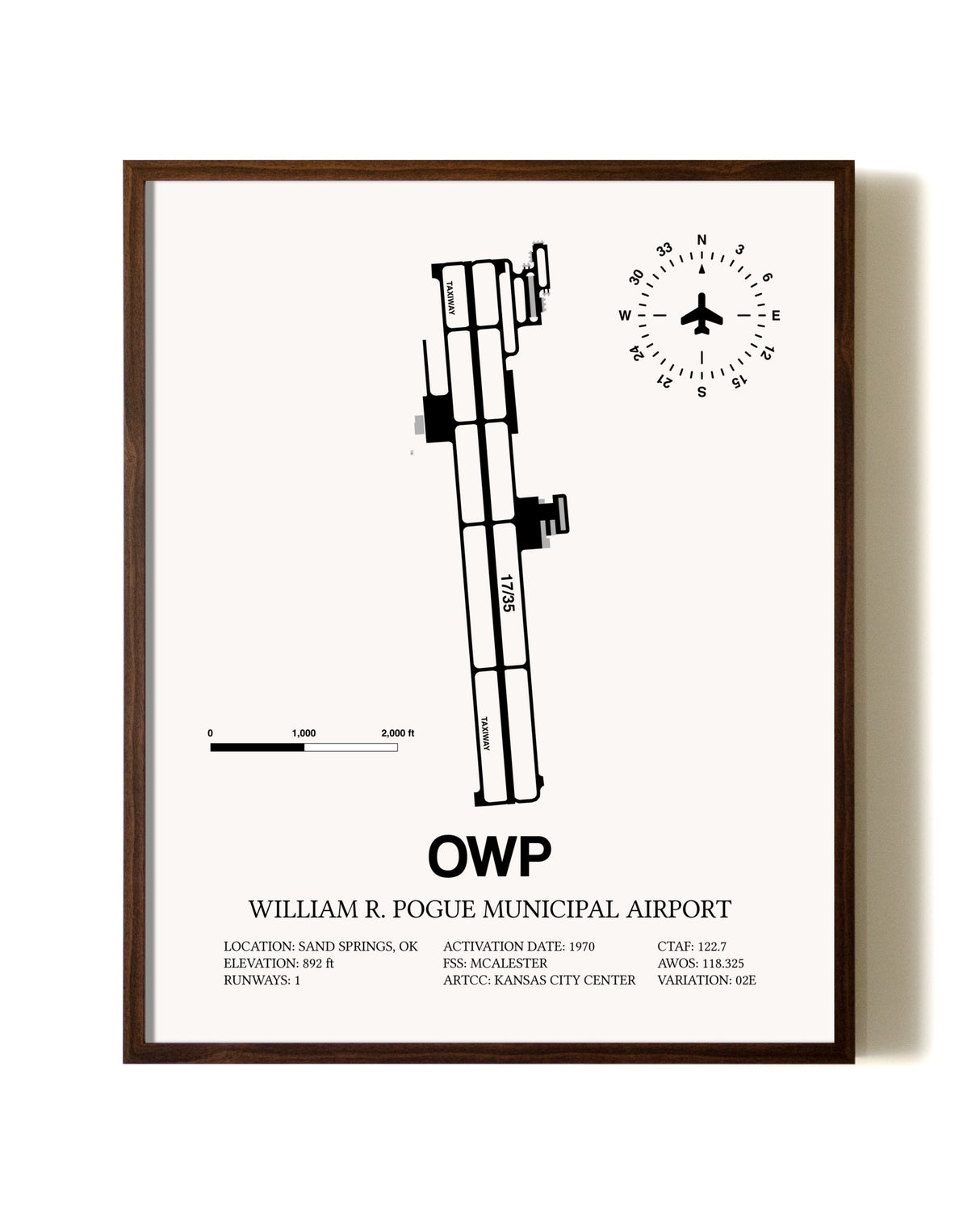 William R. Pogue Municipal Airport aviation print in walnut frame