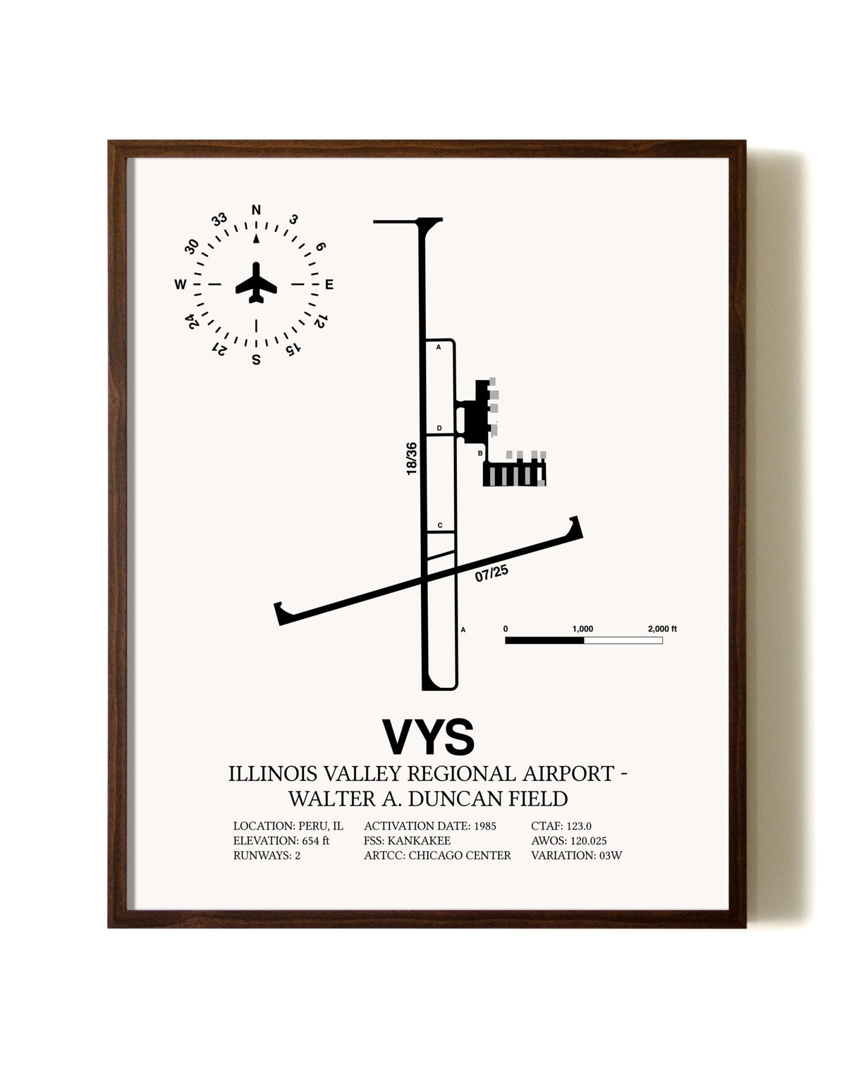 Illinois Valley Regional Airport-Walter A. Duncan Field aviation print in walnut frame