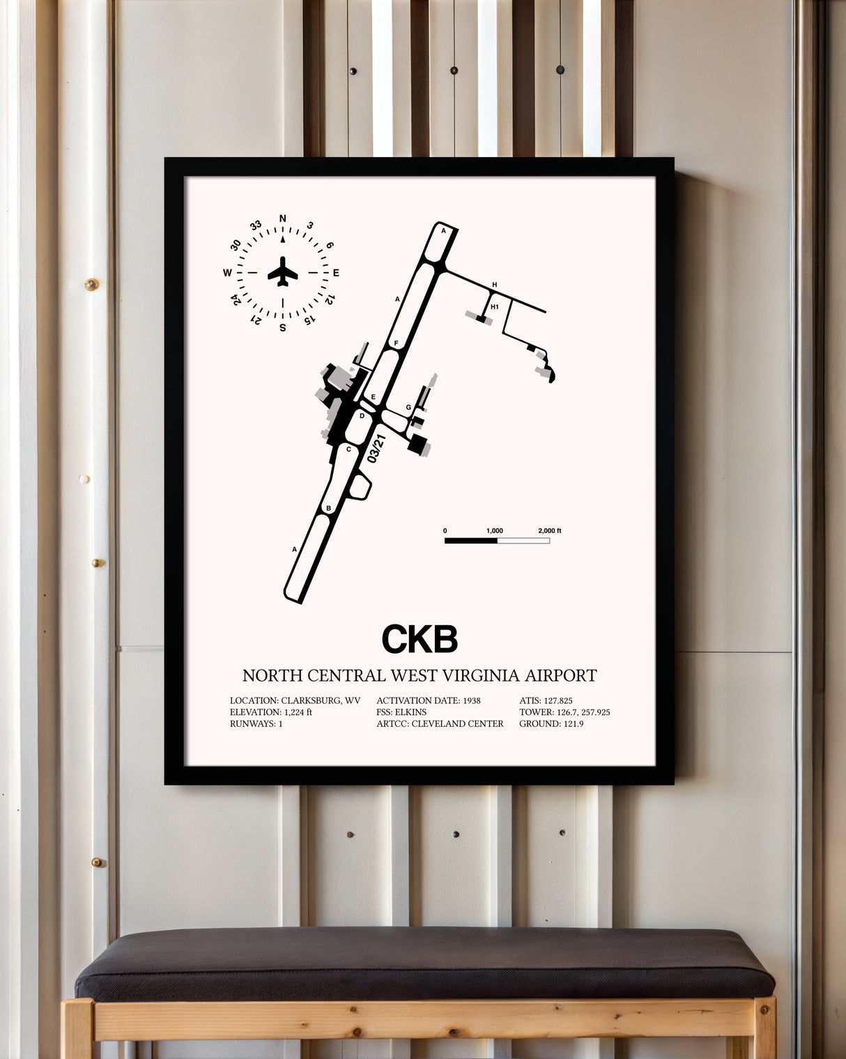 North Central West Virginia Airport framed poster displayed in an airplane hangar