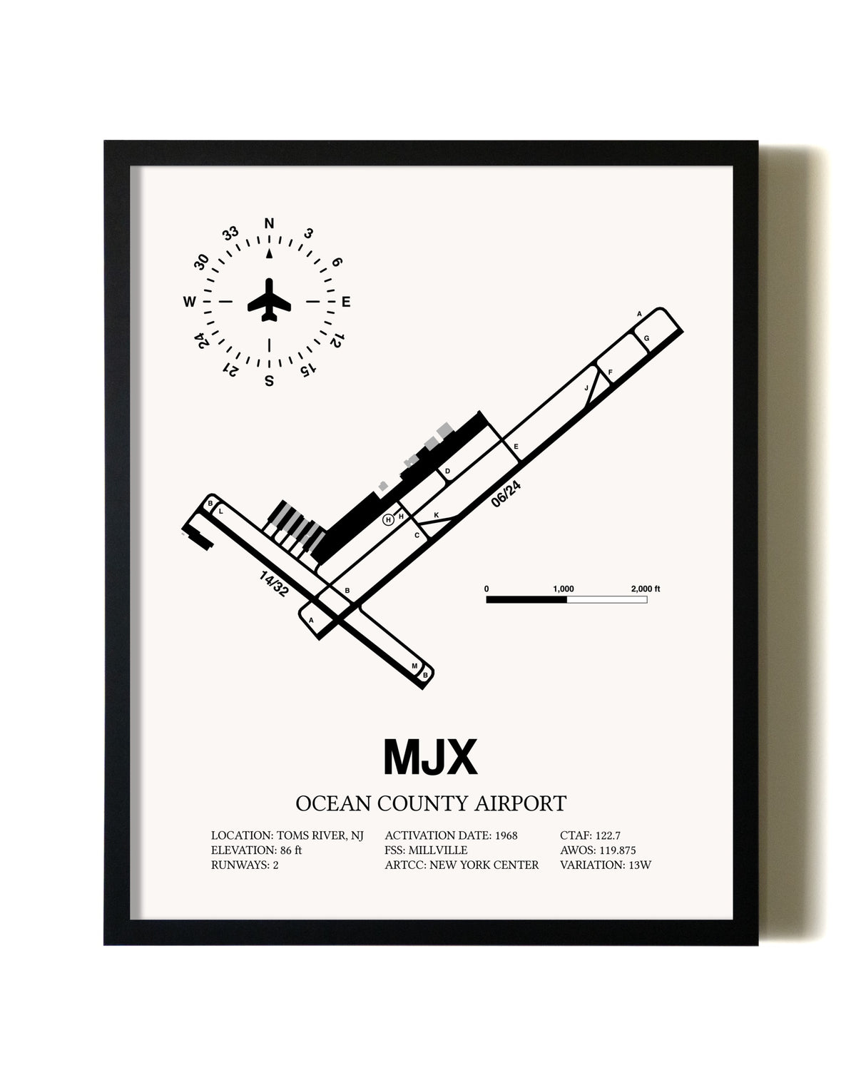 Framed Ocean County Airport wall art poster in black frame
