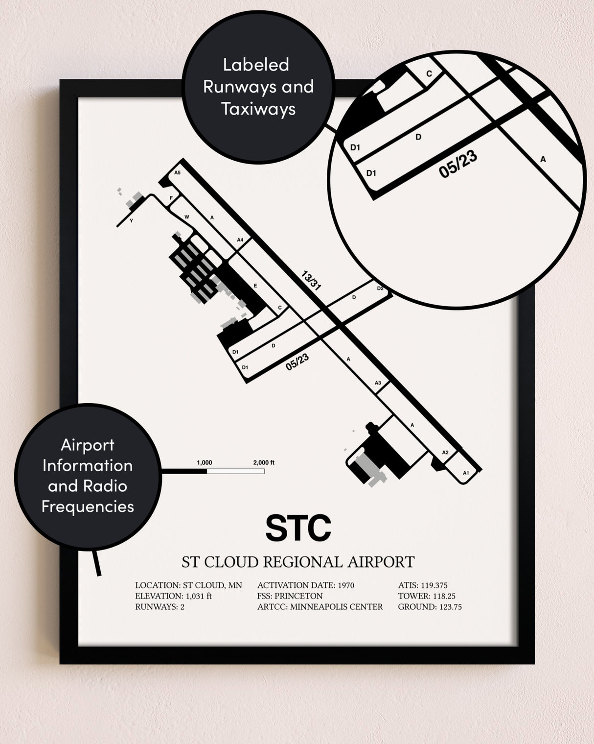 Framed St. Cloud Regional Airport layout wall art poster