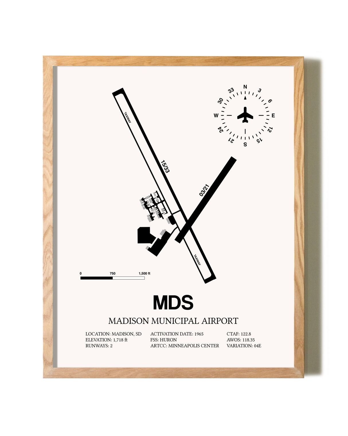 Madison Municipal Airport framed print in natural wood frame
