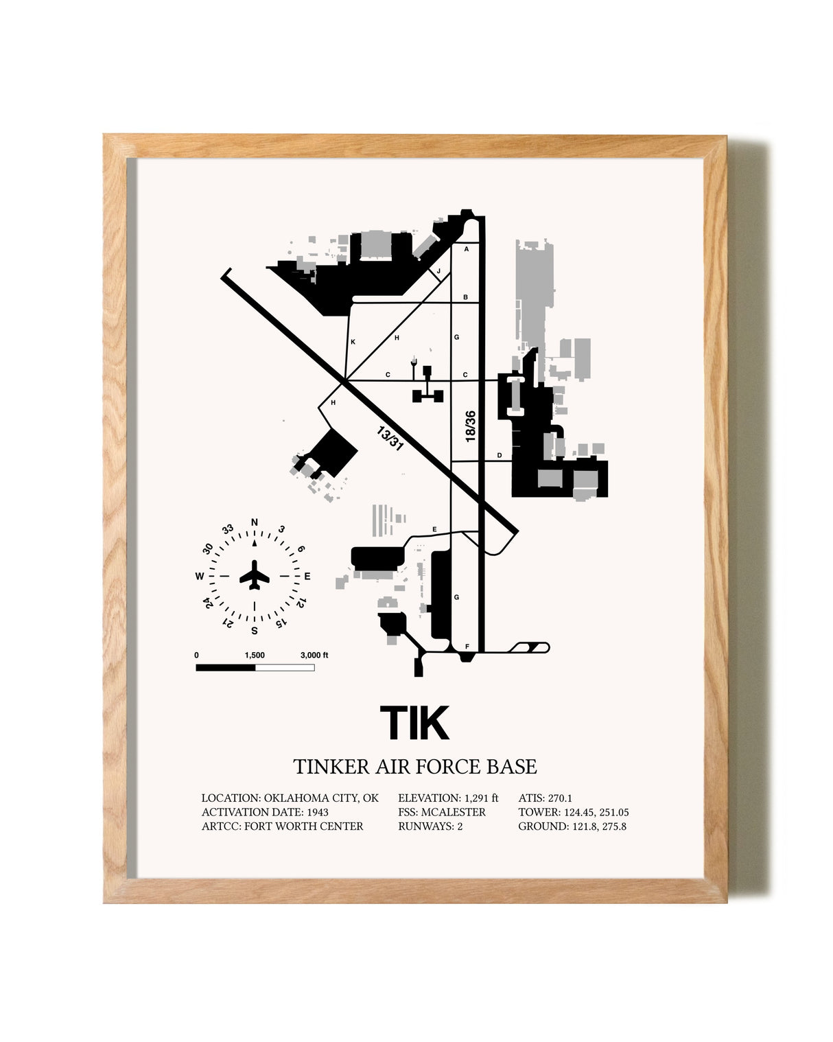 Tinker Air Force Base framed print in natural wood frame