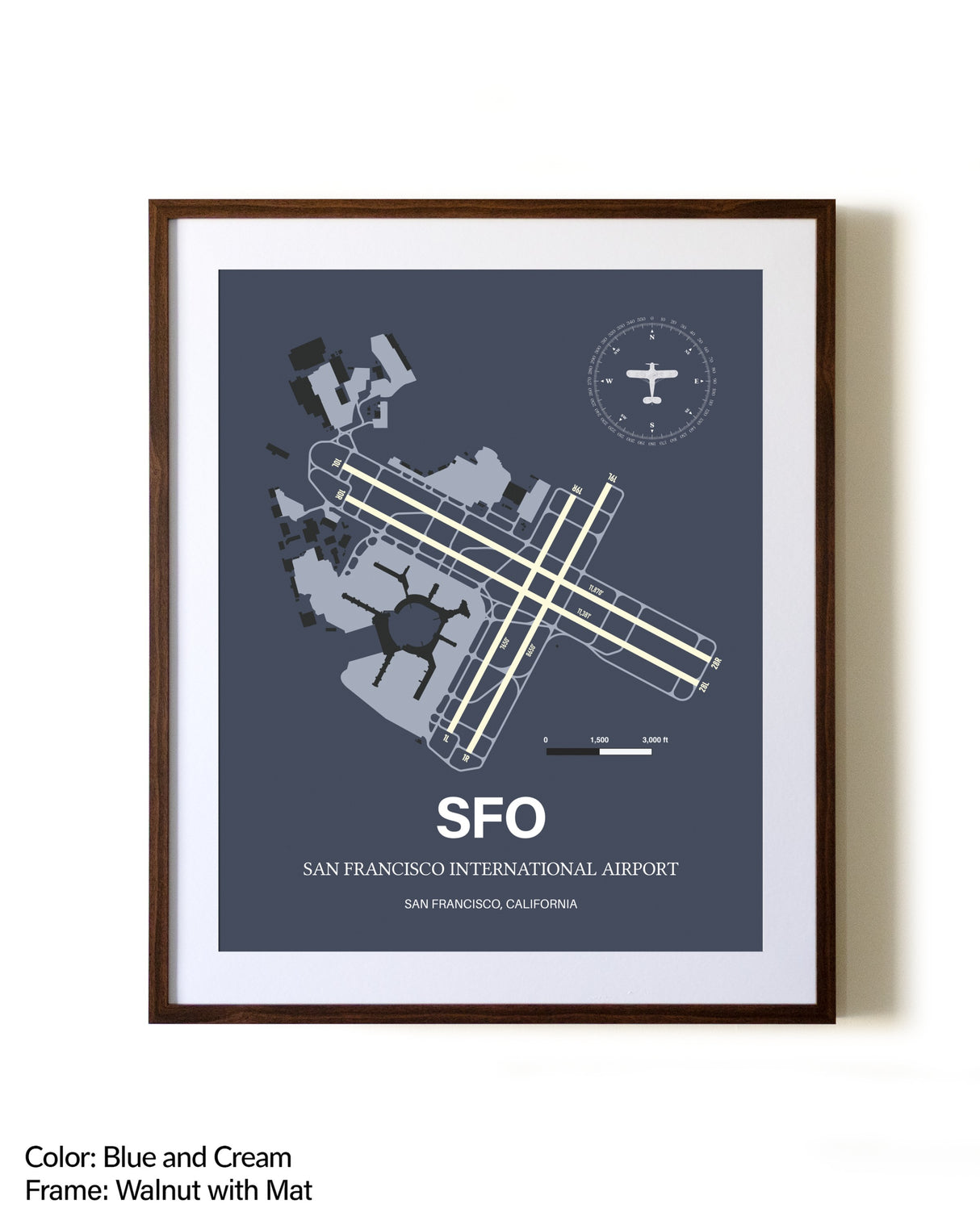 San Francisco International Airport aviation print in walnut frame with mat