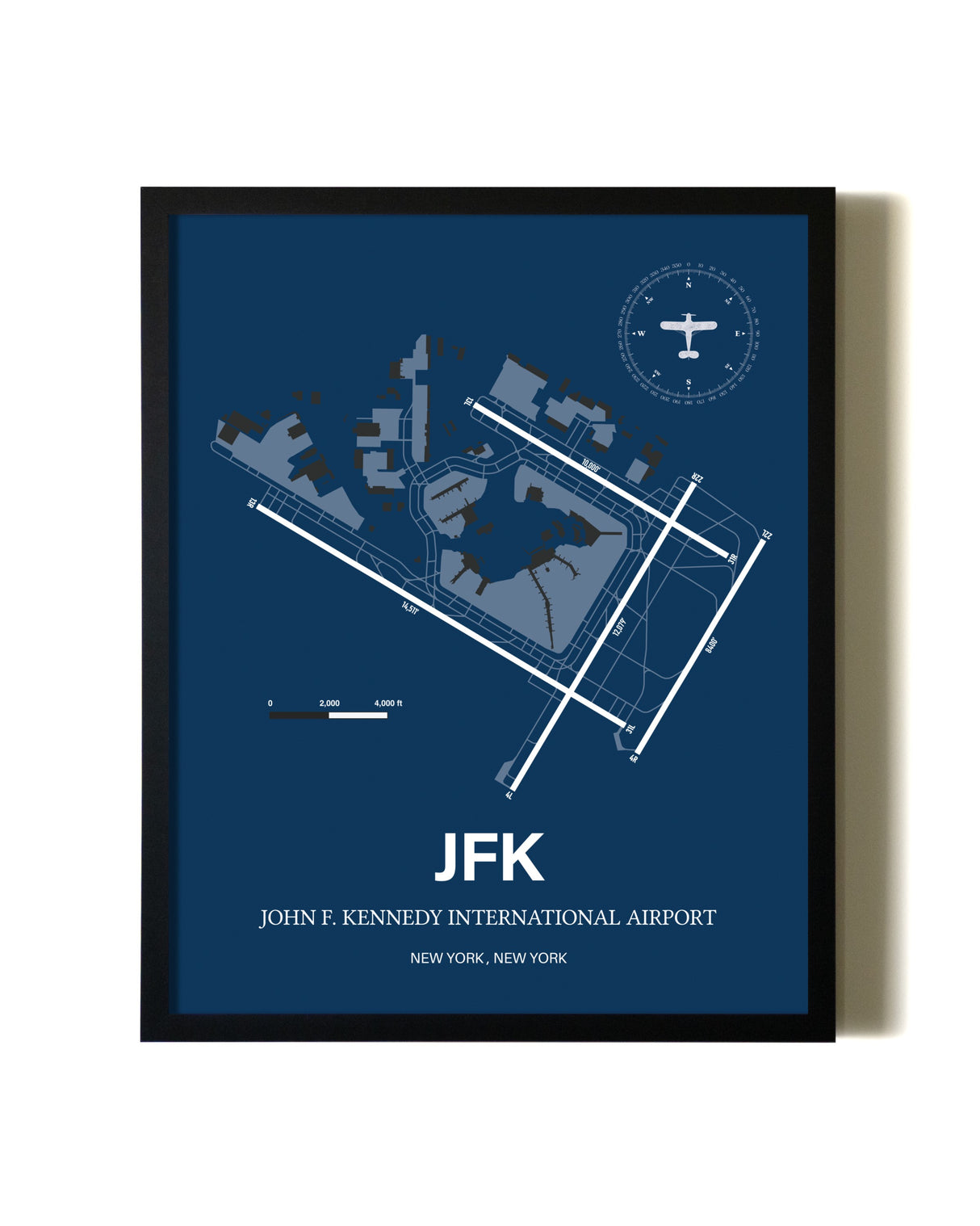 Aviation Blue Framed John F. Kennedy International Airport layout wall art poster