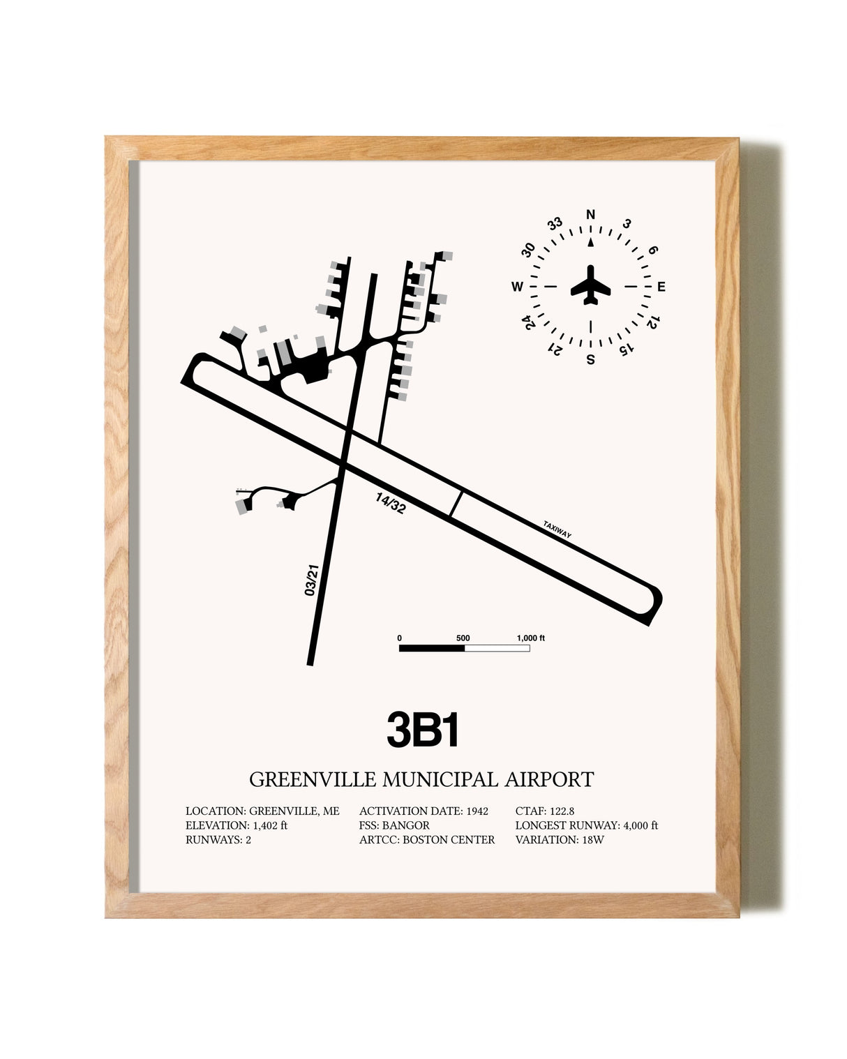Greenville Municipal Airport framed print in natural wood frame