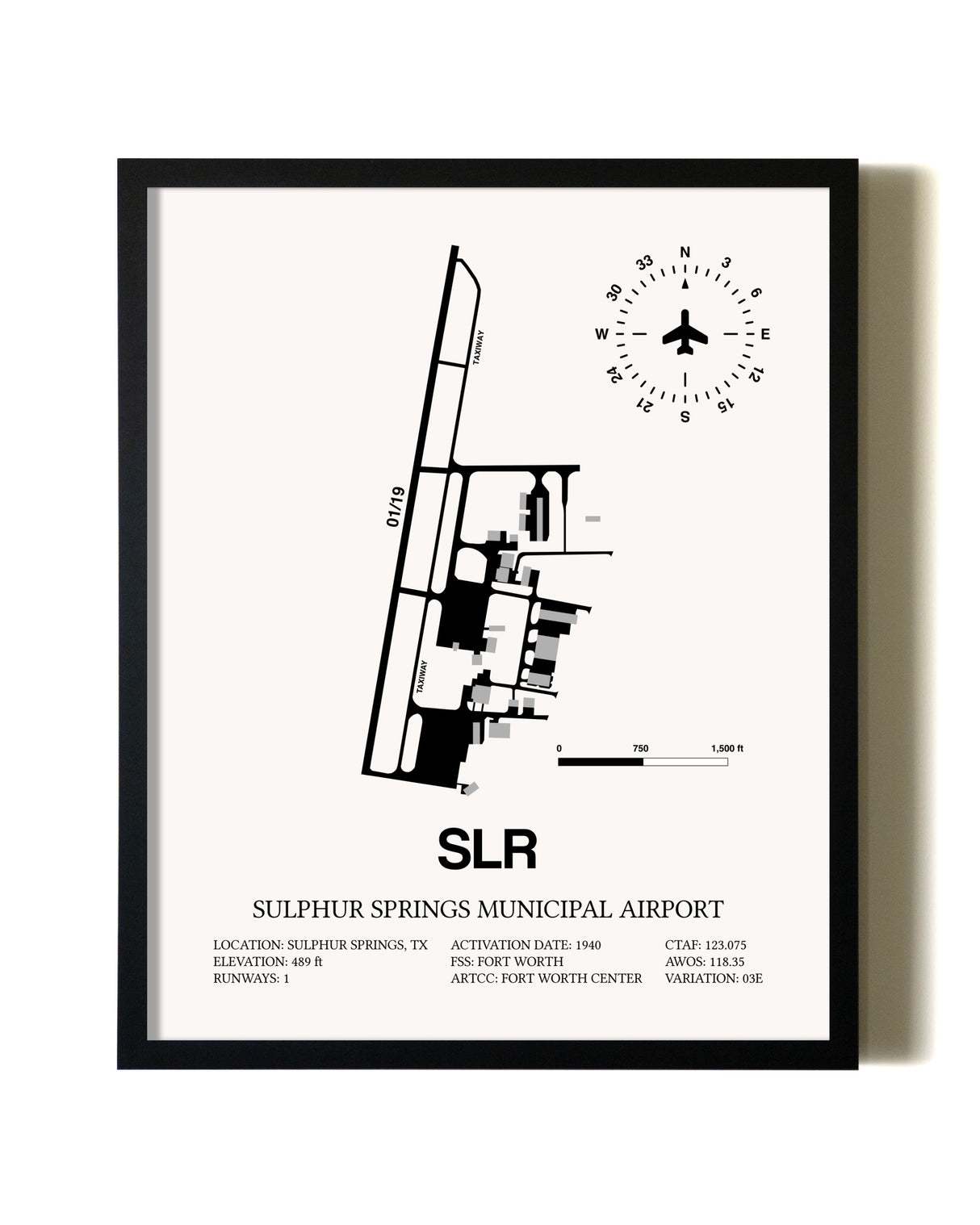 Framed Sulphur Springs Municipal Airport wall art poster in black frame