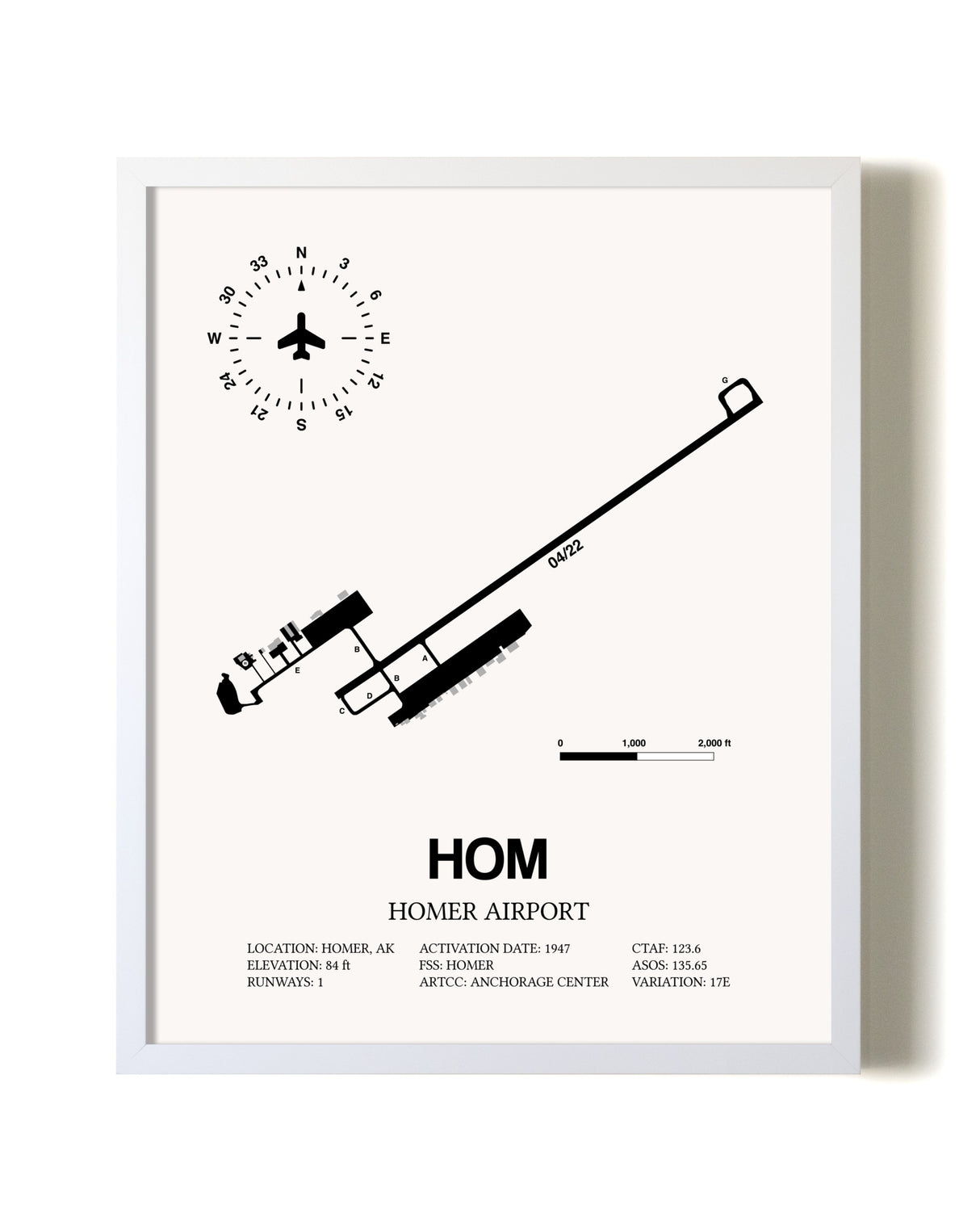 Homer Airport airport map poster in oak frame