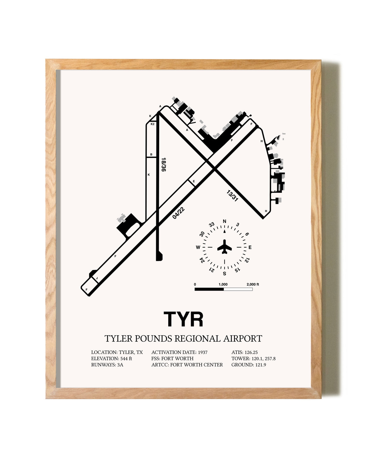 Tyler Pounds Regional Airport framed print in natural wood frame