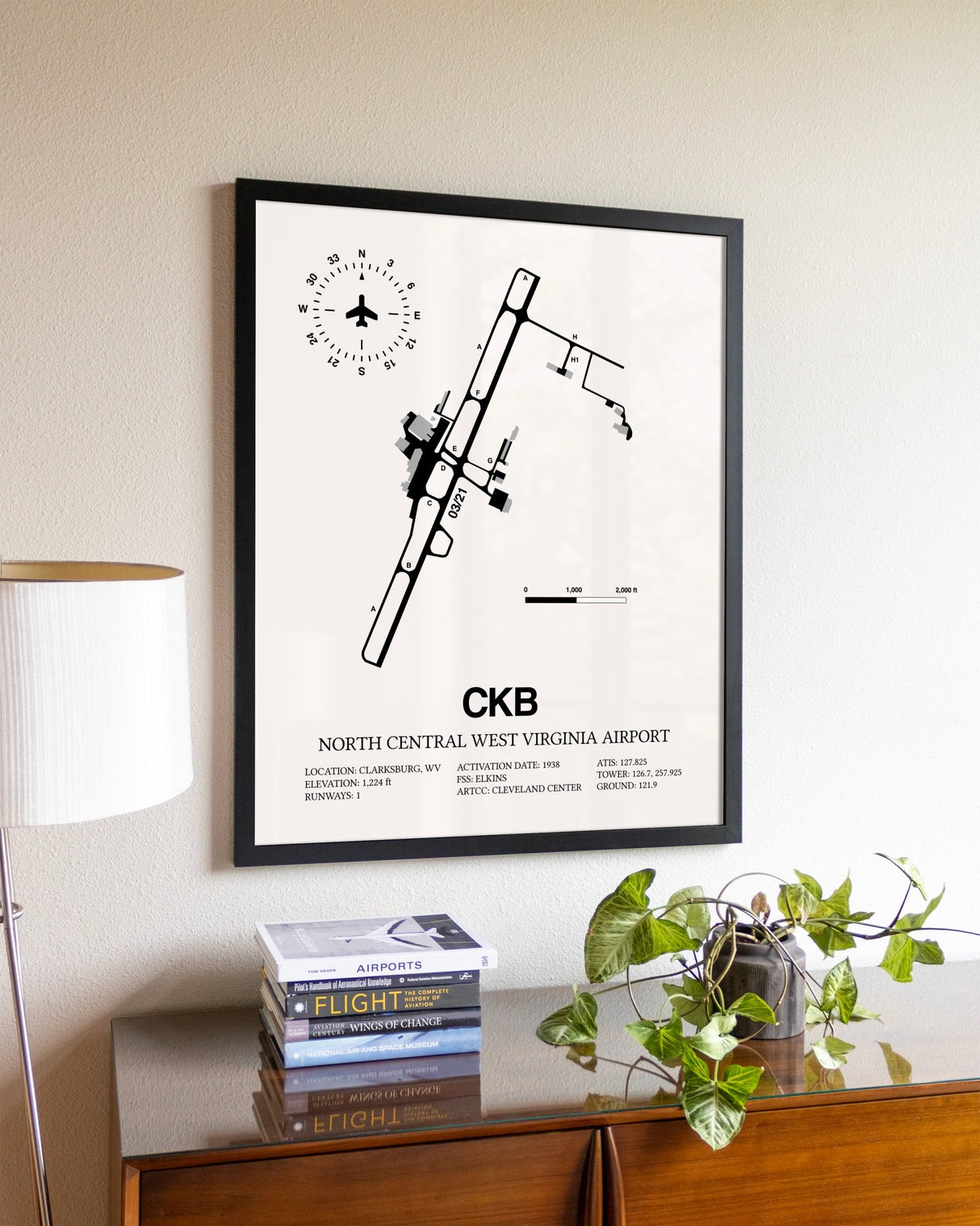 North Central West Virginia Airport aviation wall décor in black wood frame