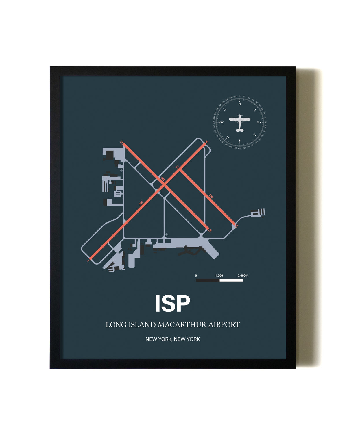 Framed Long Island Mac Arthur Airport wall art poster in black frame