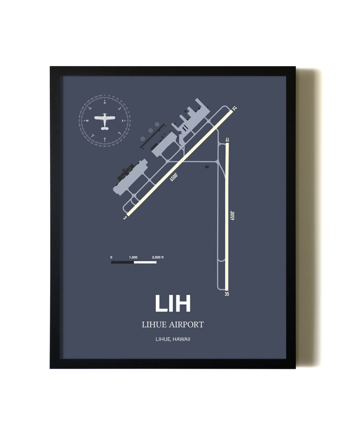 Blue and Cream Framed Lihue Airport layout wall art poster