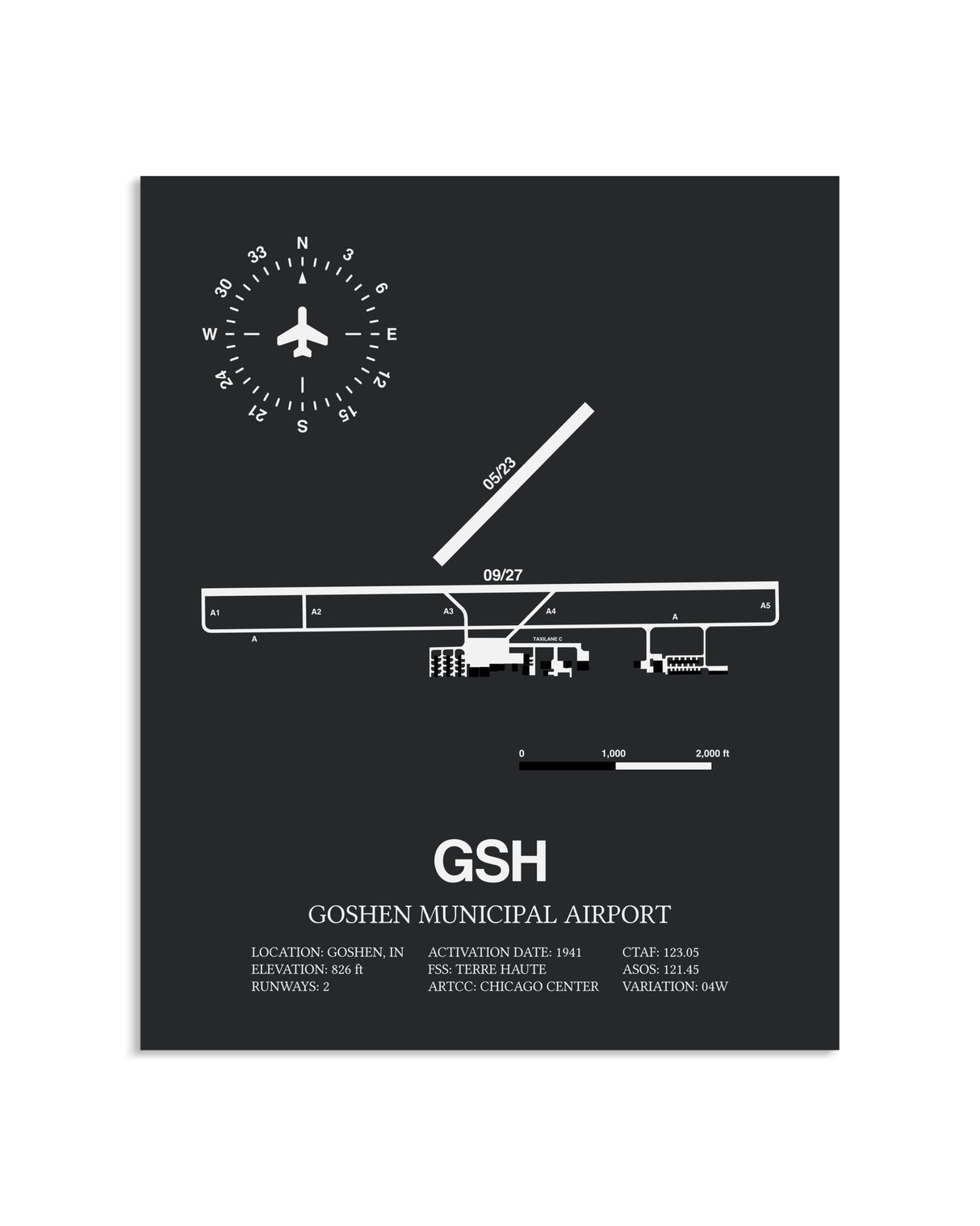 Gray Framed Goshen Municipal Airport layout wall art poster