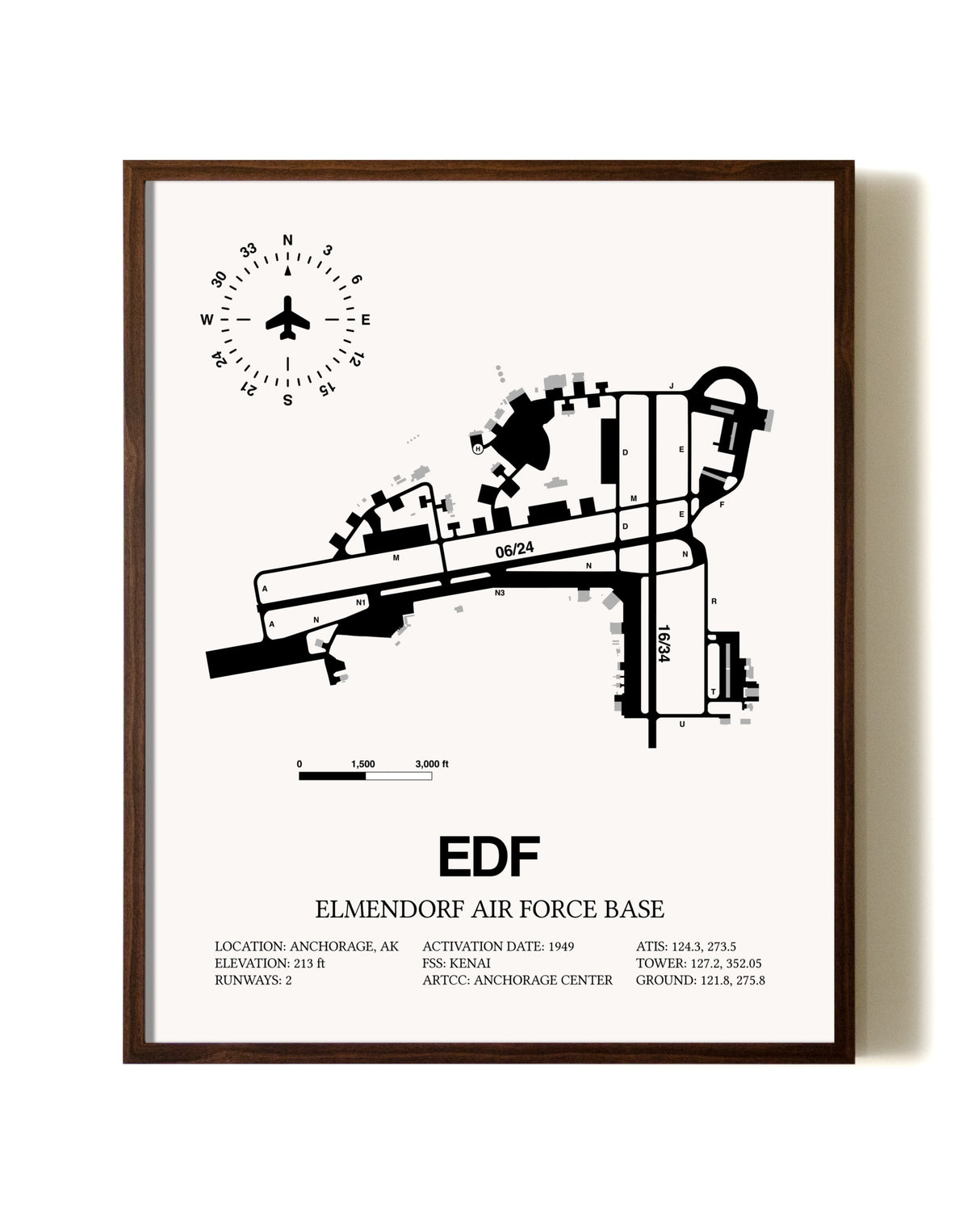 Elmendorf Air Force Base aviation print in walnut frame