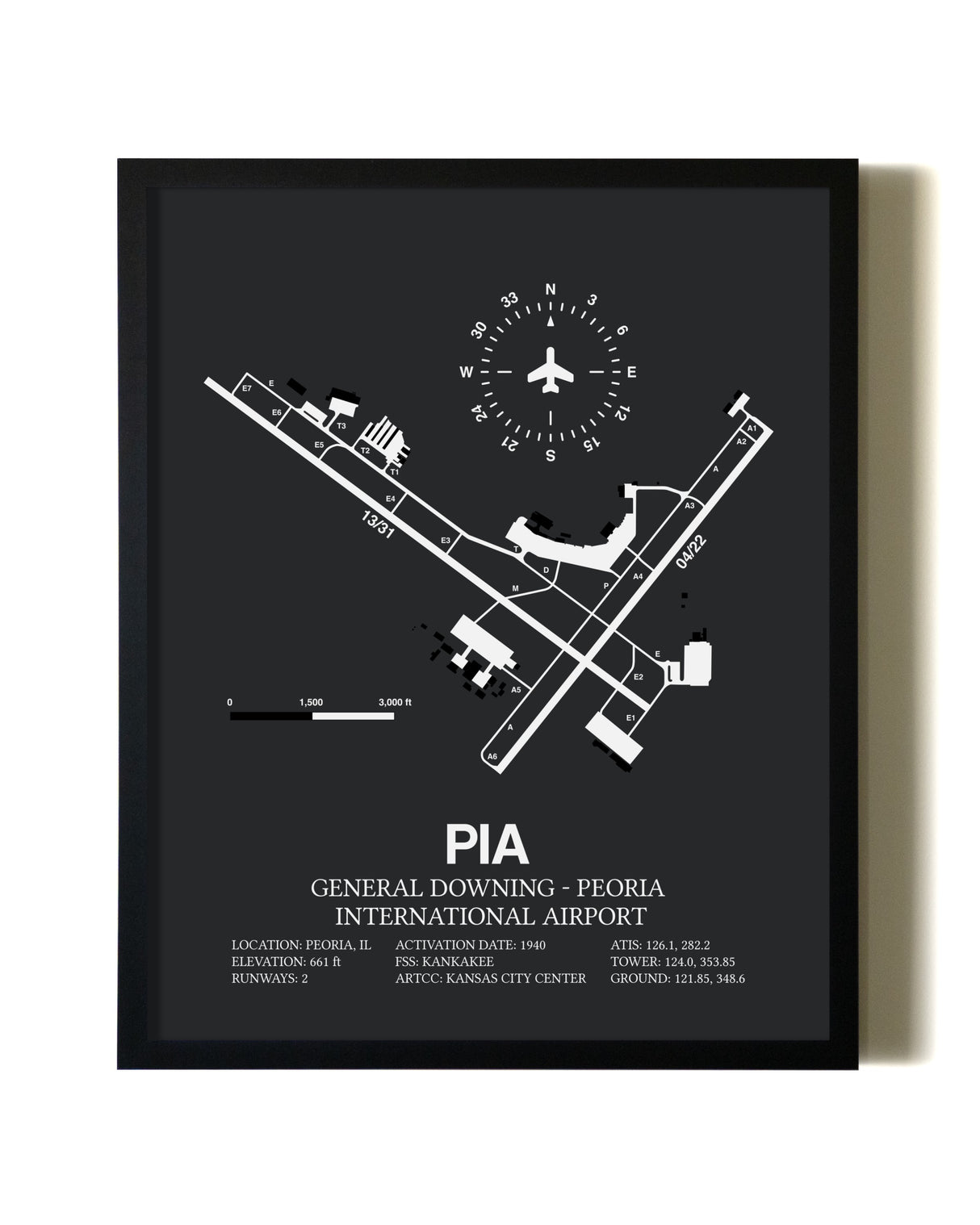 Unframed General Downing-Peoria International Airport map print poster