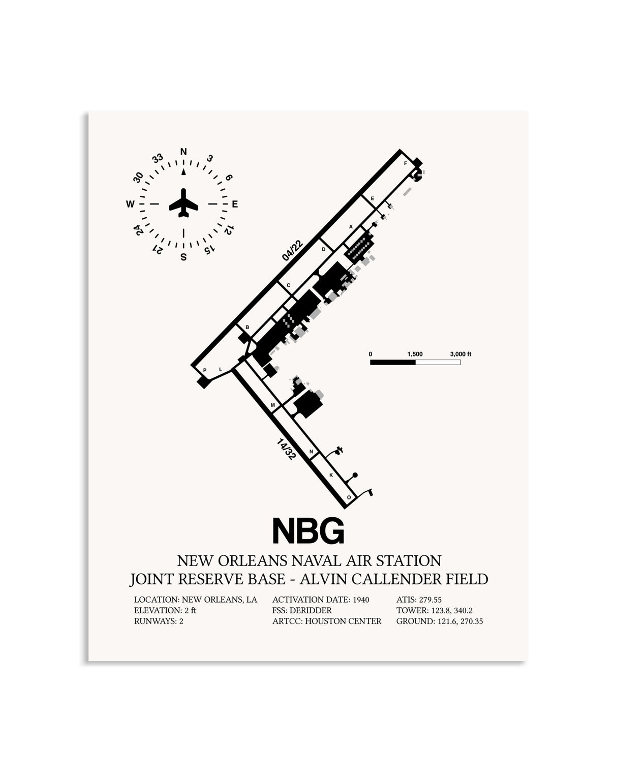 Gray New Orleans Naval Air Station Joint Reserve Base-Alvin Callender Field framed poster displayed in an airplane hangar