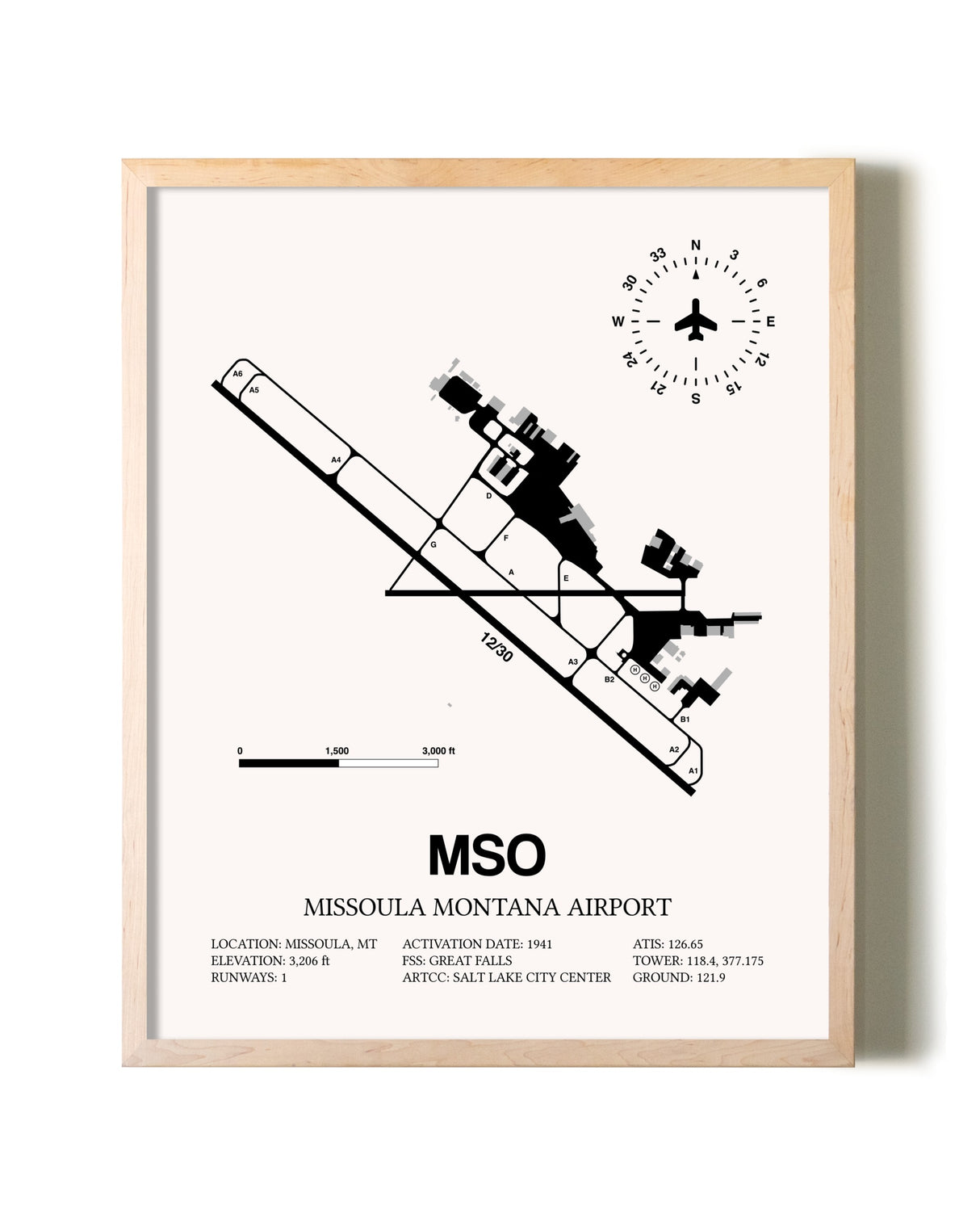 Missoula Montana Airport framed wall art in white frame