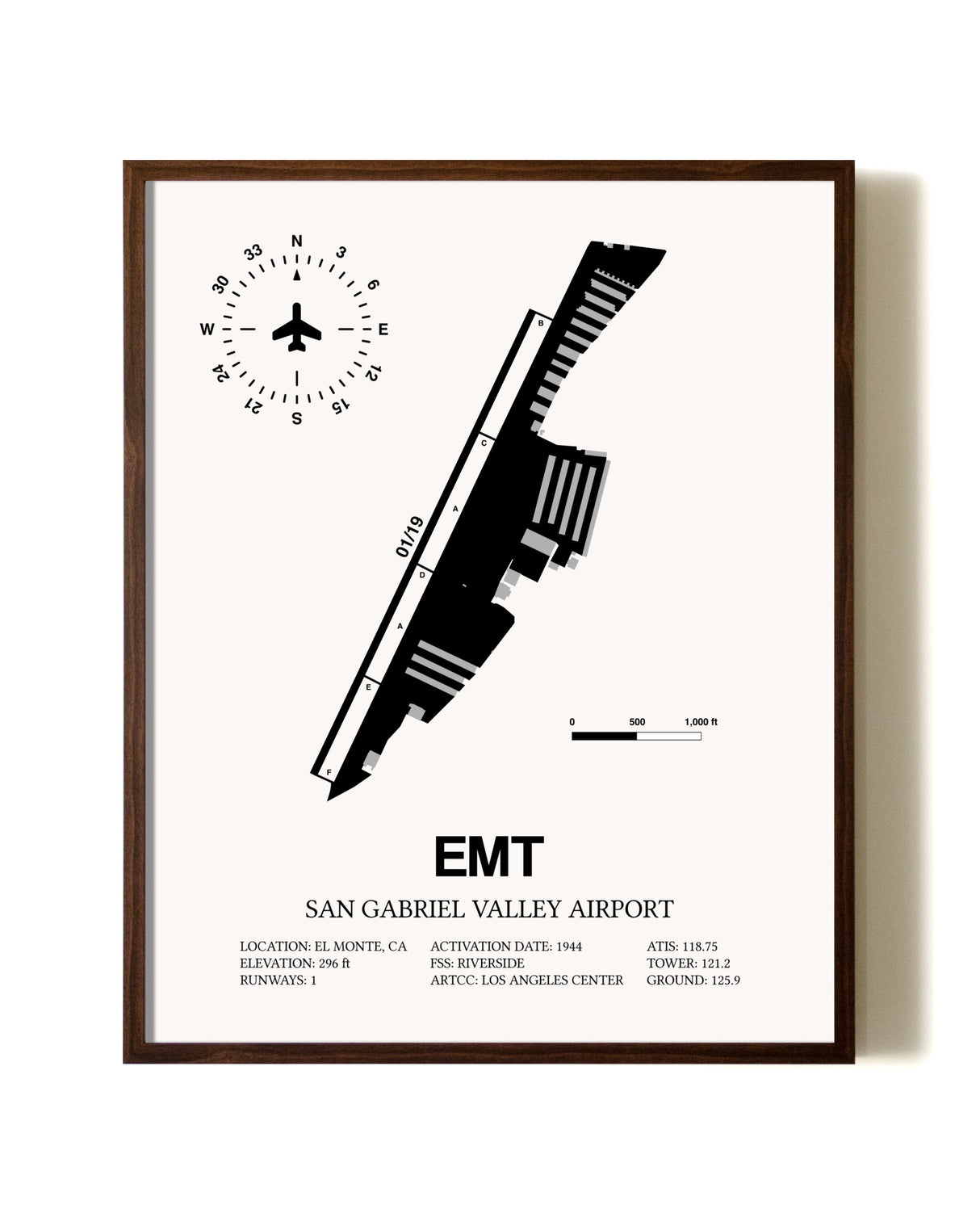 San Gabriel Valley Airport aviation print in walnut frame