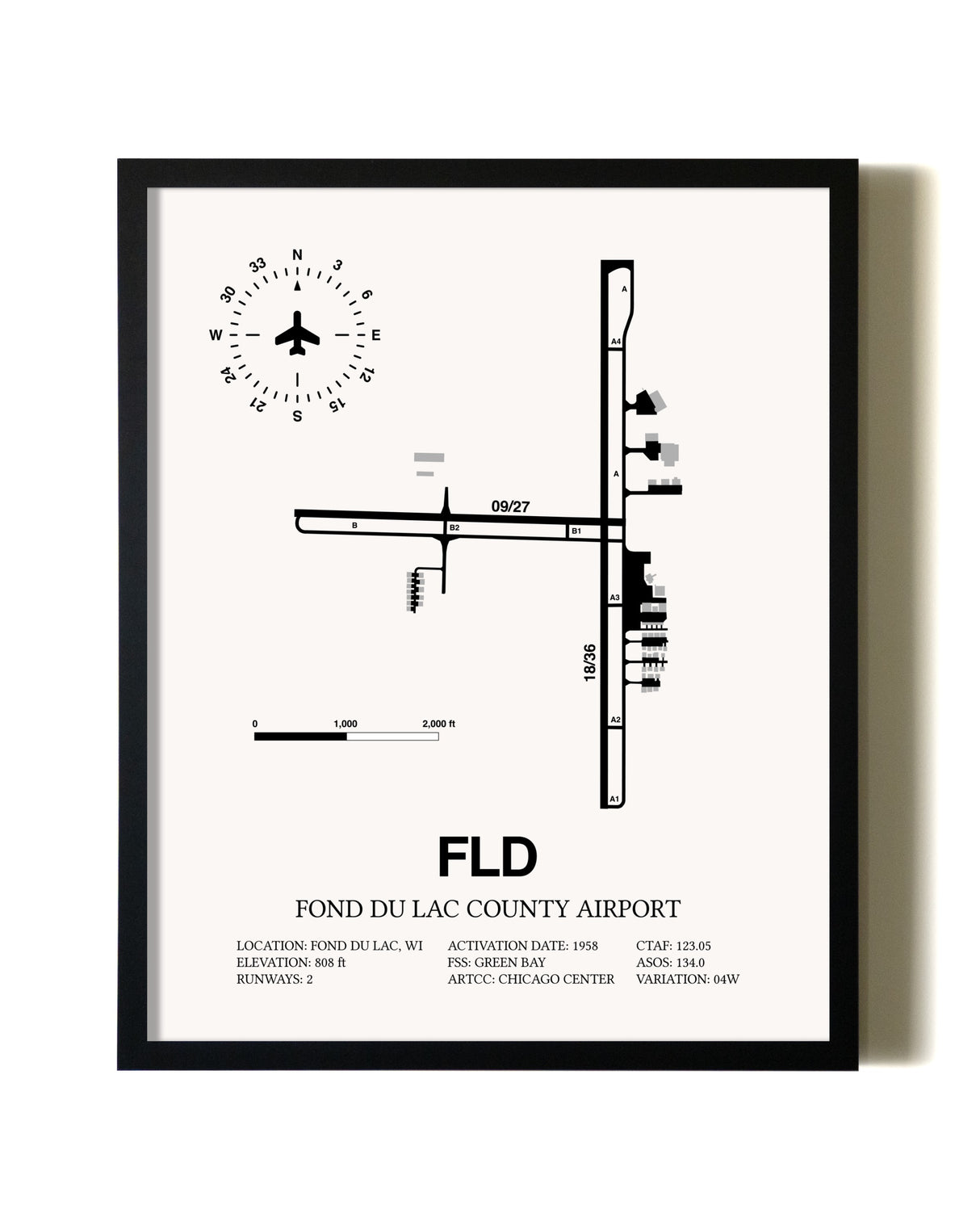 Framed Fond Du Lac County Airport wall art poster in black frame