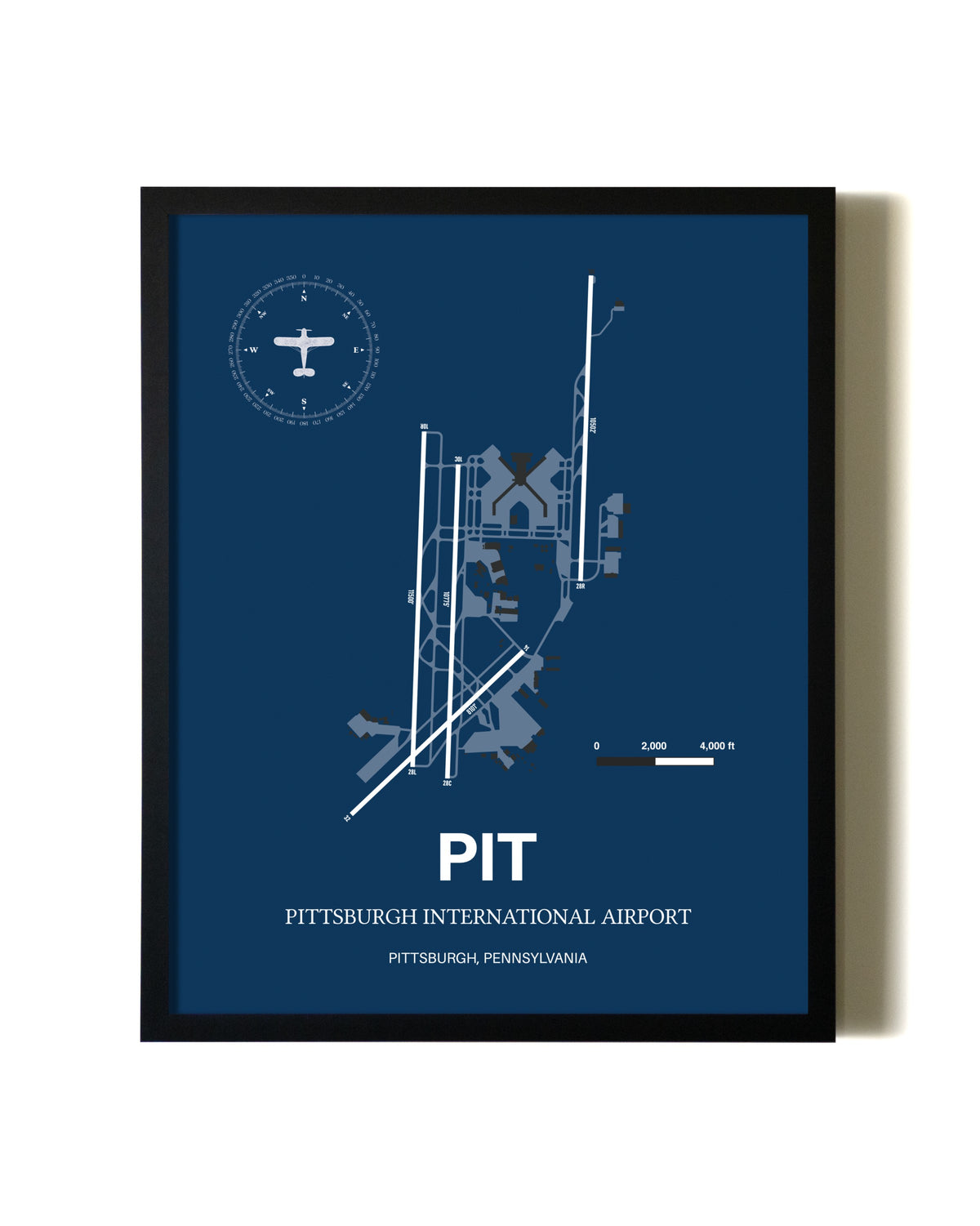 Aviation Blue Framed Pittsburgh International Airport layout wall art poster