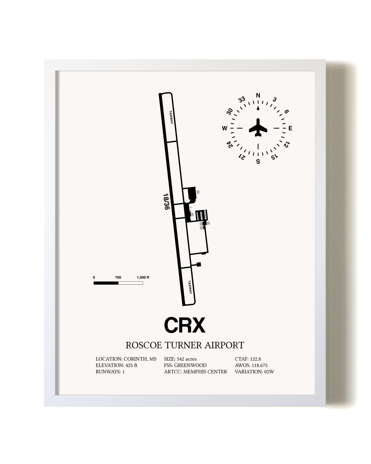 Roscoe Turner Airport airport map poster in oak frame