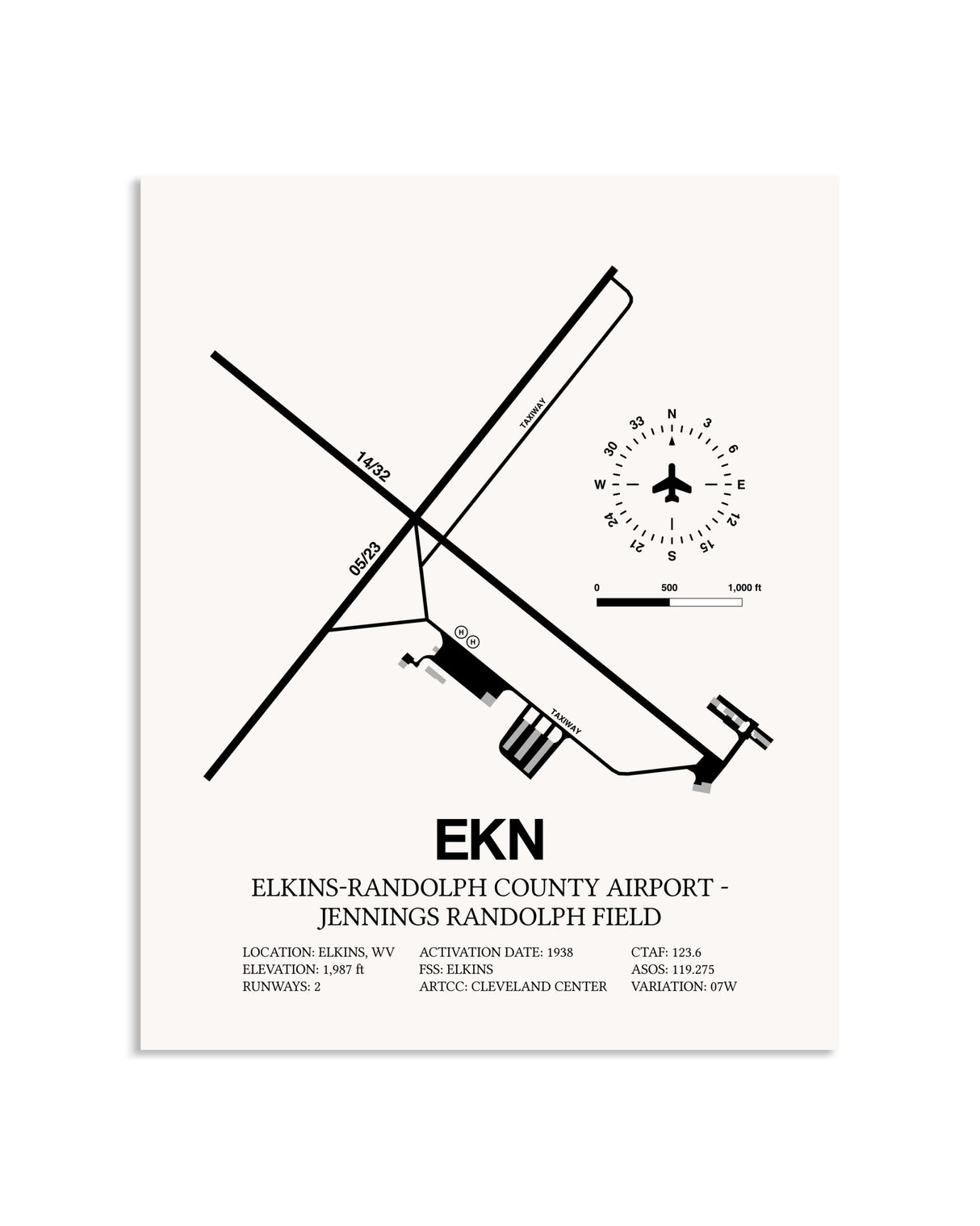 Gray Elkins-Randolph County Airport-Jennings Randolph Field framed poster displayed in an airplane hangar