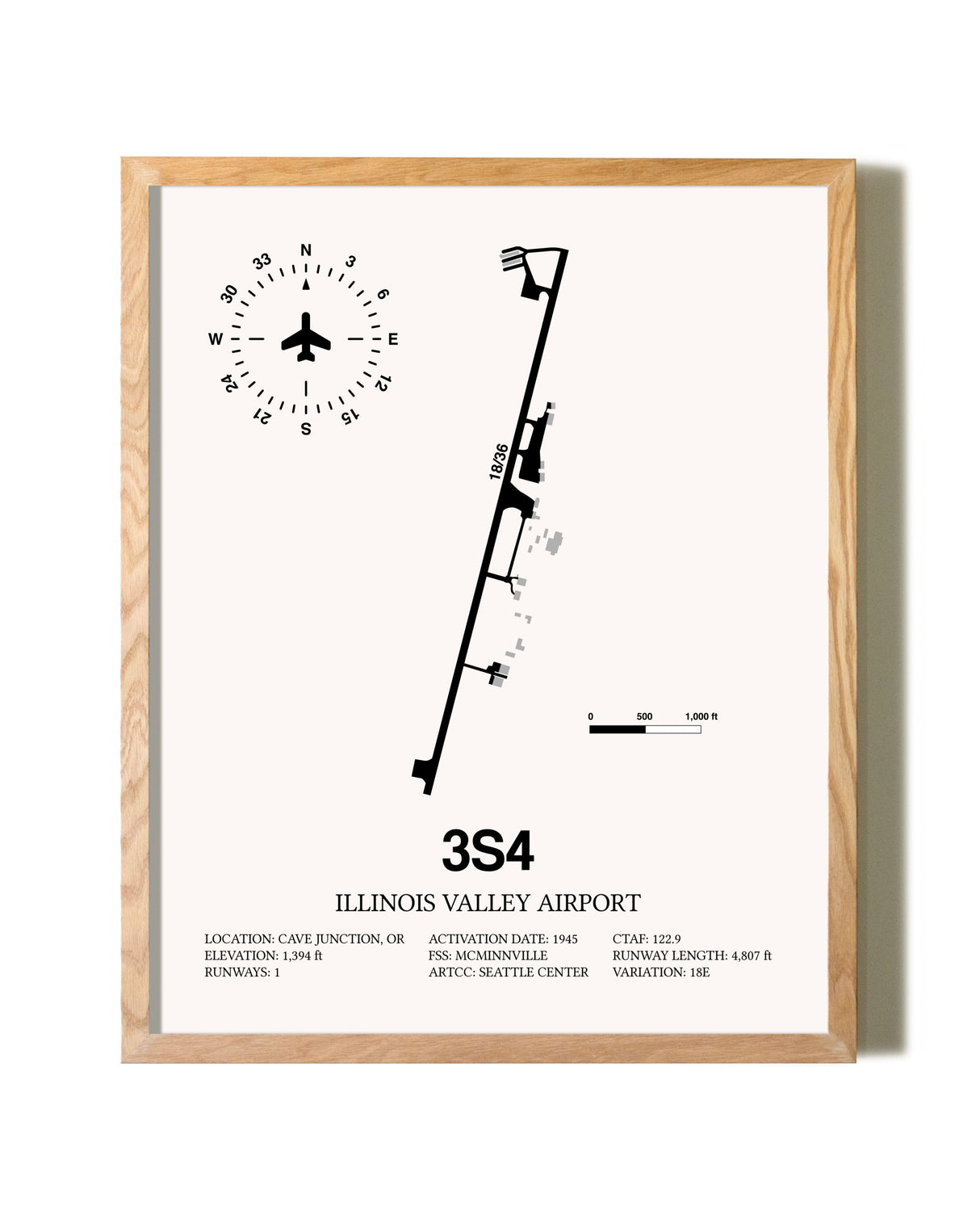 Illinois Valley Airport framed print in natural wood frame