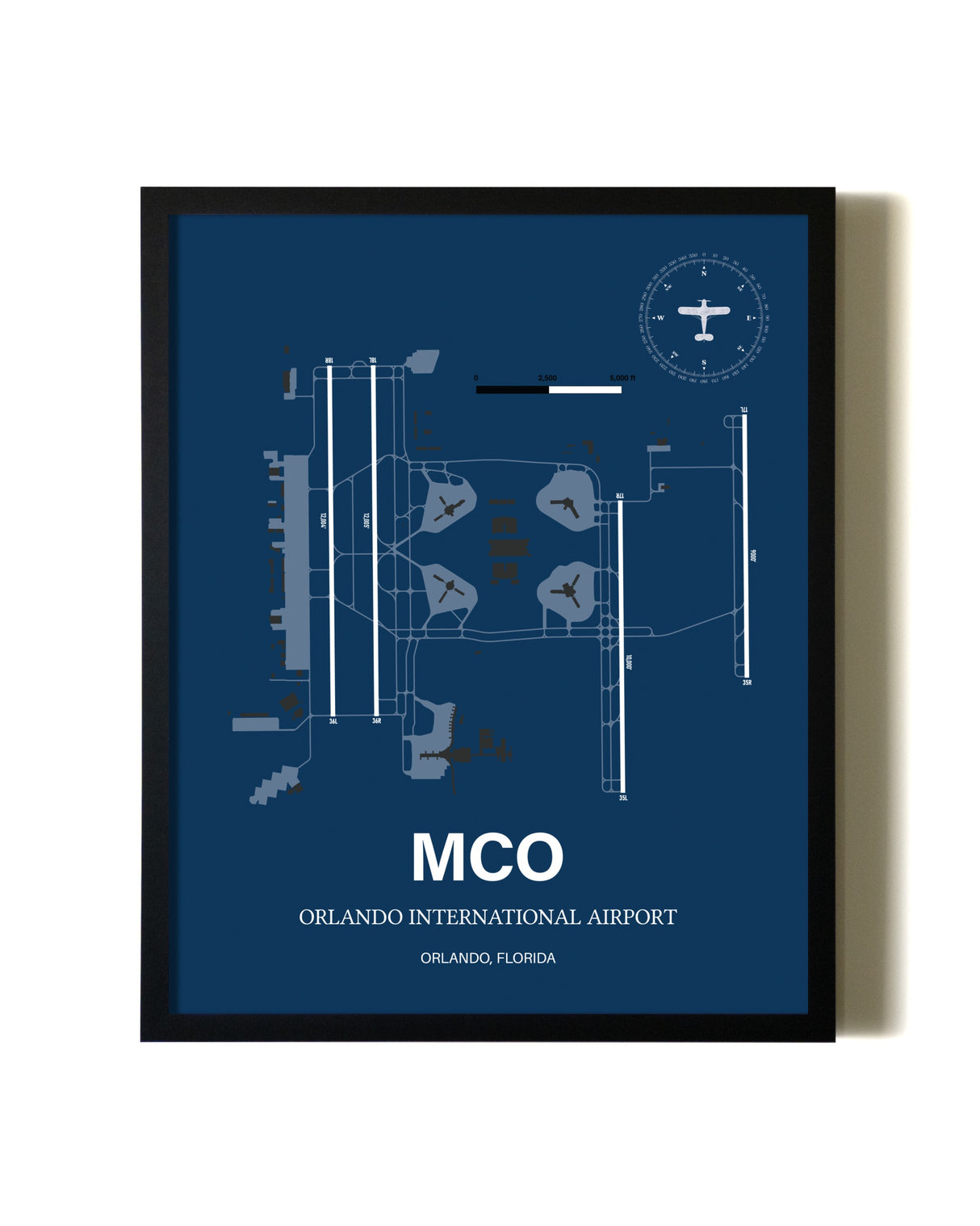 Aviation Blue Framed Orlando International Airport layout wall art poster