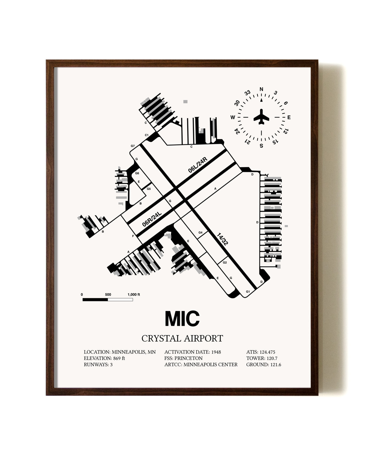 Crystal Airport aviation print in walnut frame