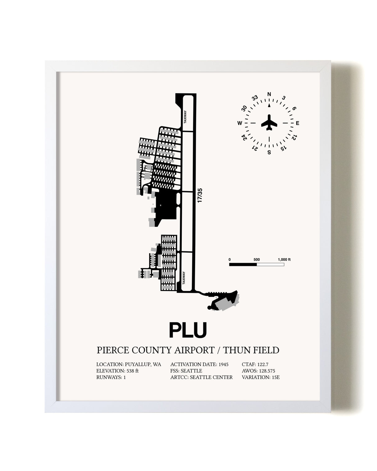 Pierce County Airport / Thun Field airport map poster in oak frame