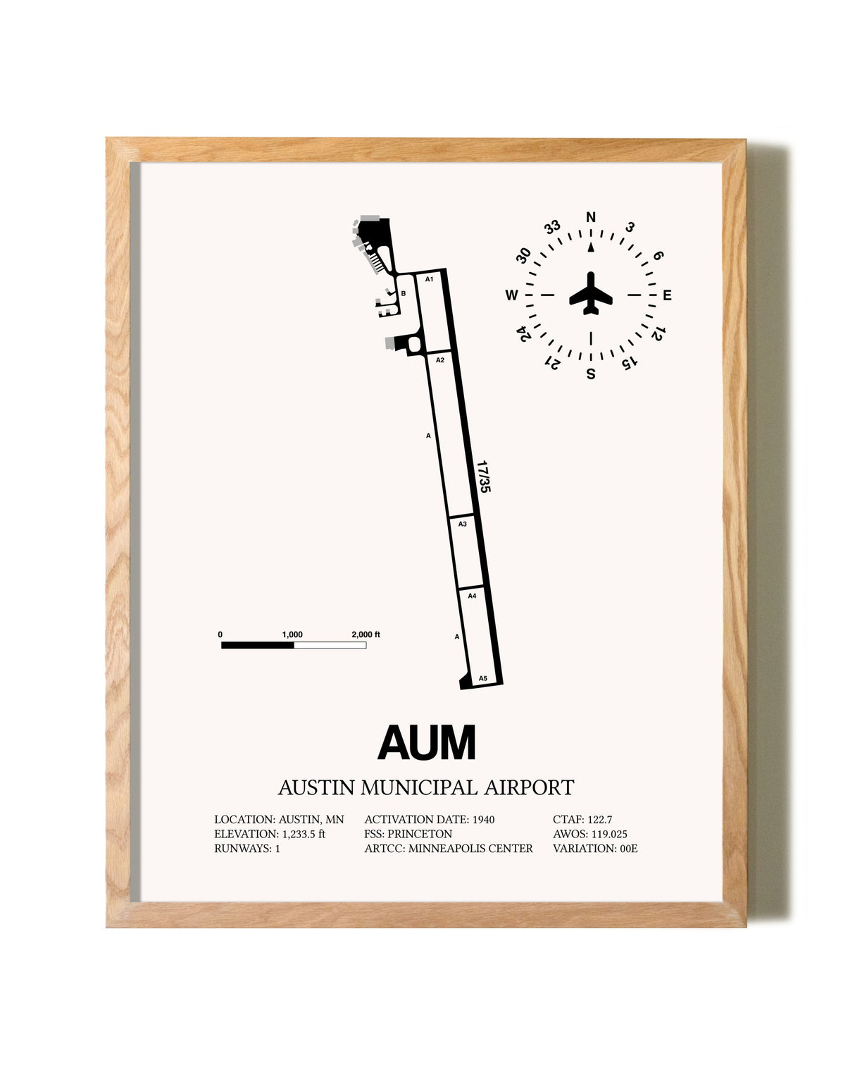 Austin Municipal Airport framed print in natural wood frame