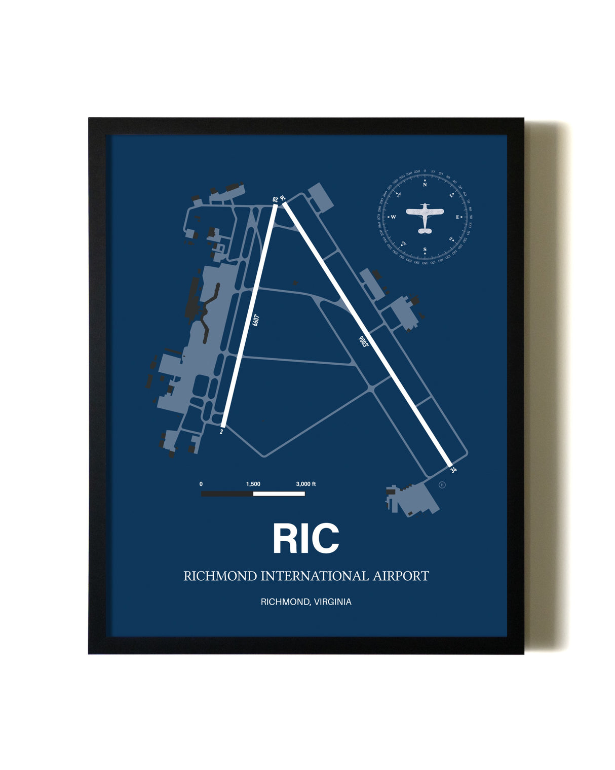 Aviation Blue Framed Richmond International Airport layout wall art poster