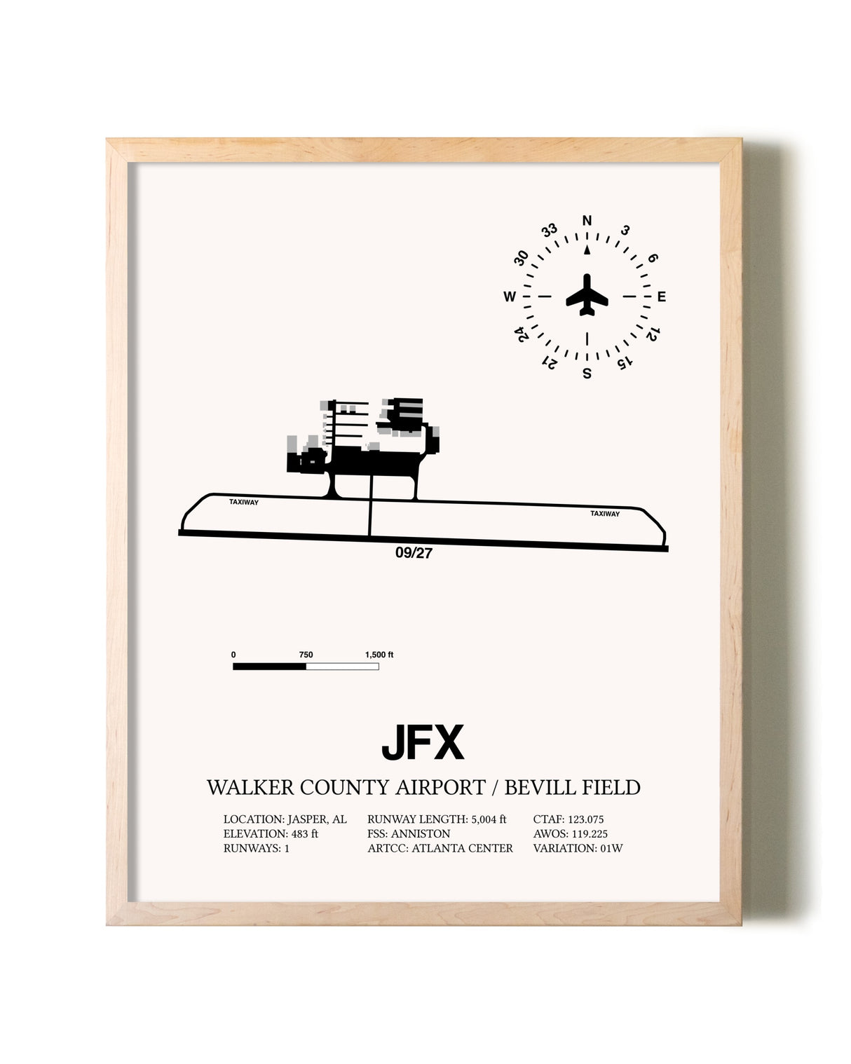 Walker County Airport / Bevill Field framed wall art in white frame