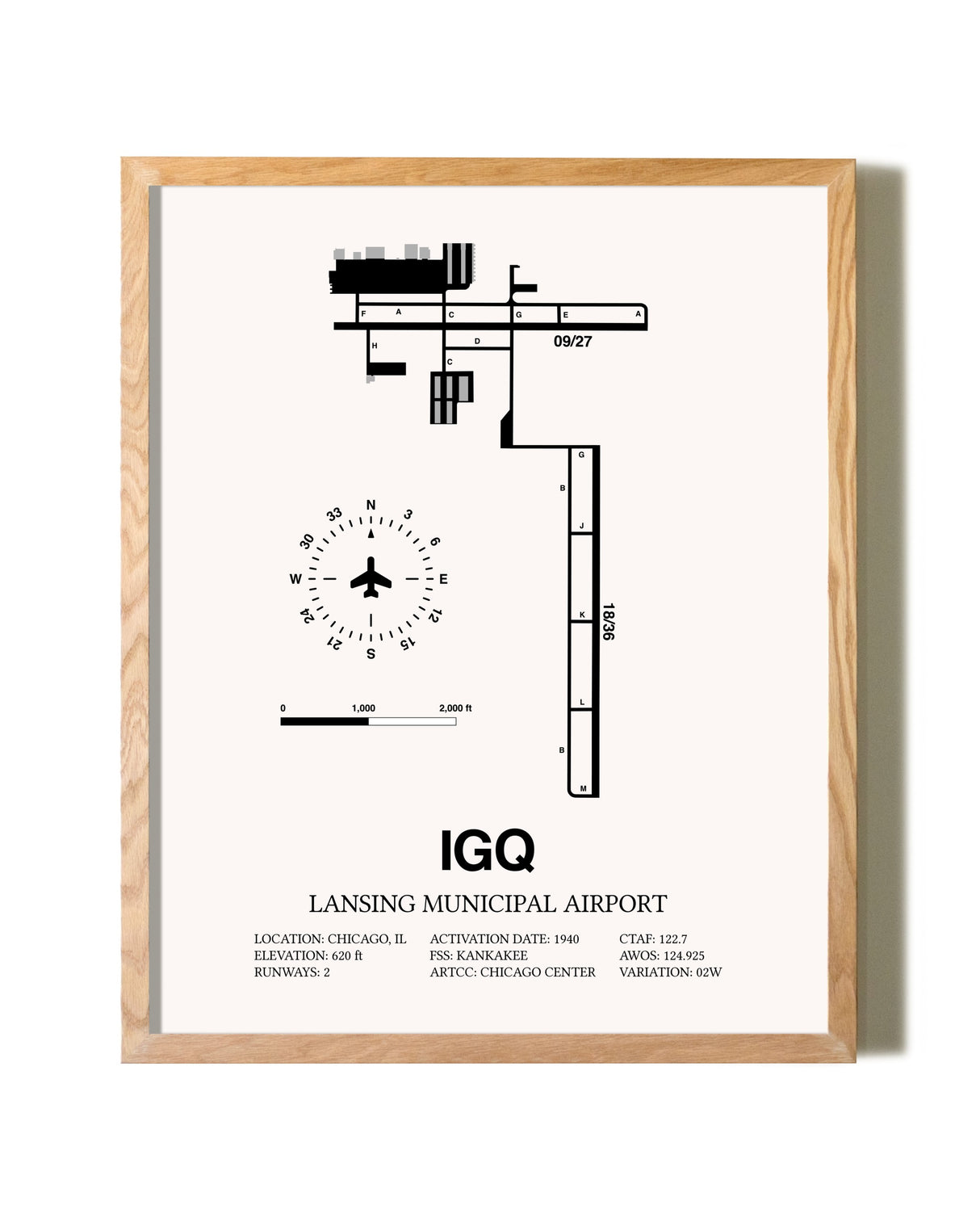 Lansing Municipal Airport framed print in natural wood frame