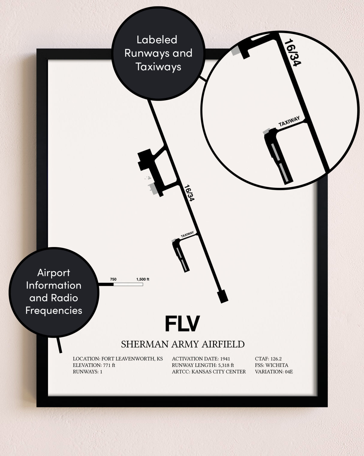 Framed Sherman Army Airfield layout wall art poster