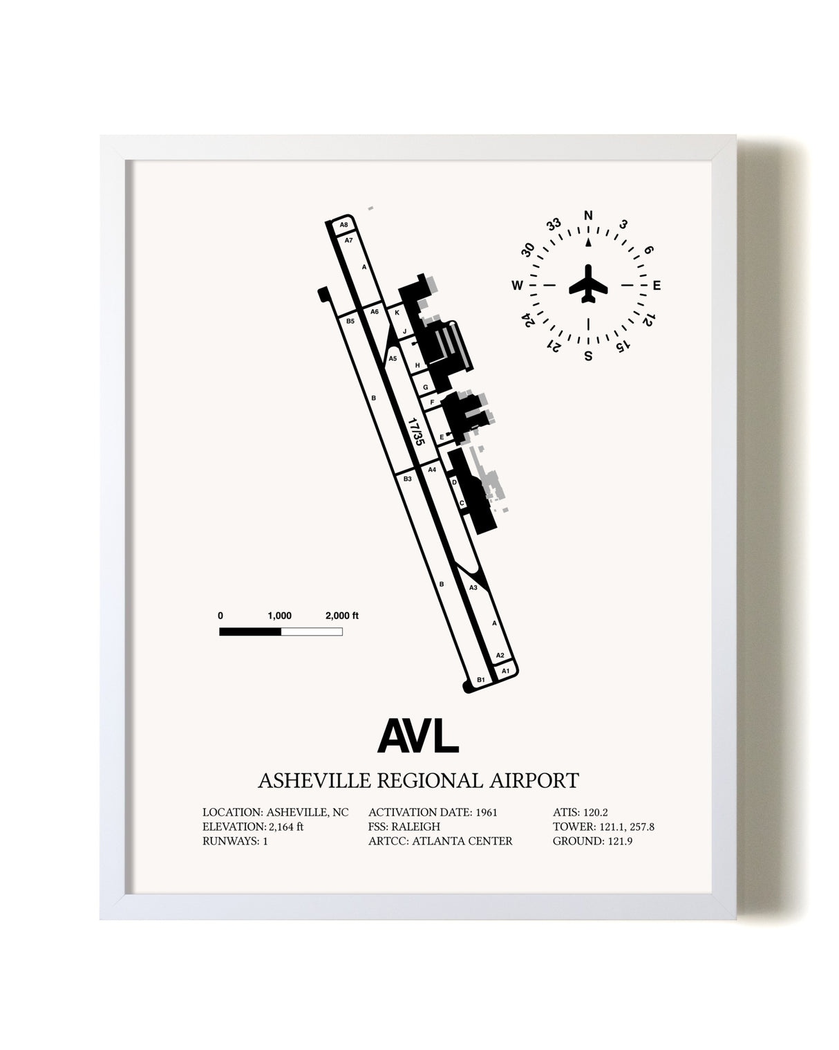 Asheville Regional Airport airport map poster in oak frame