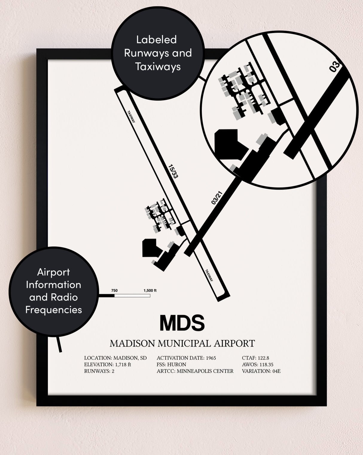 Framed Madison Municipal Airport layout wall art poster
