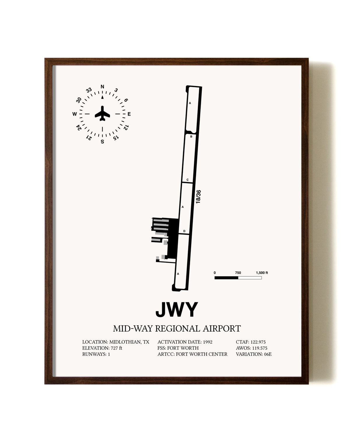 Mid-Way Regional Airport aviation print in walnut frame