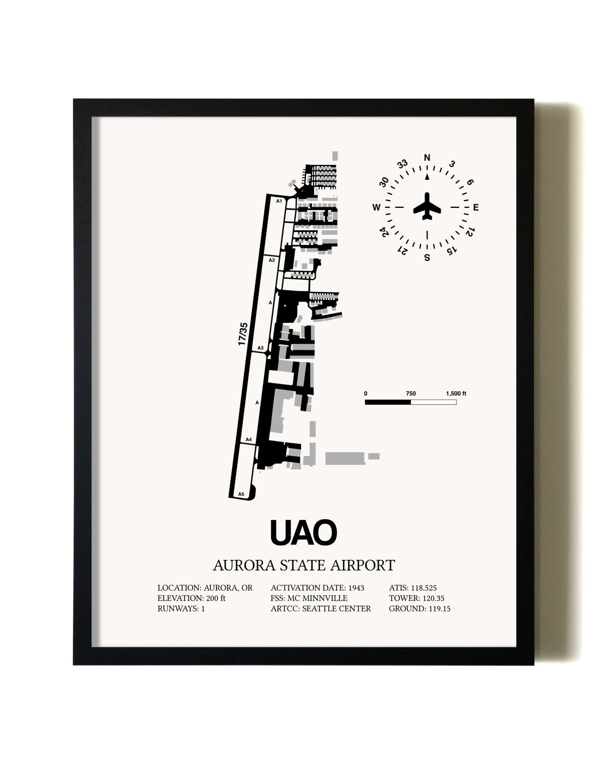 Framed Aurora State Airport wall art poster in black frame