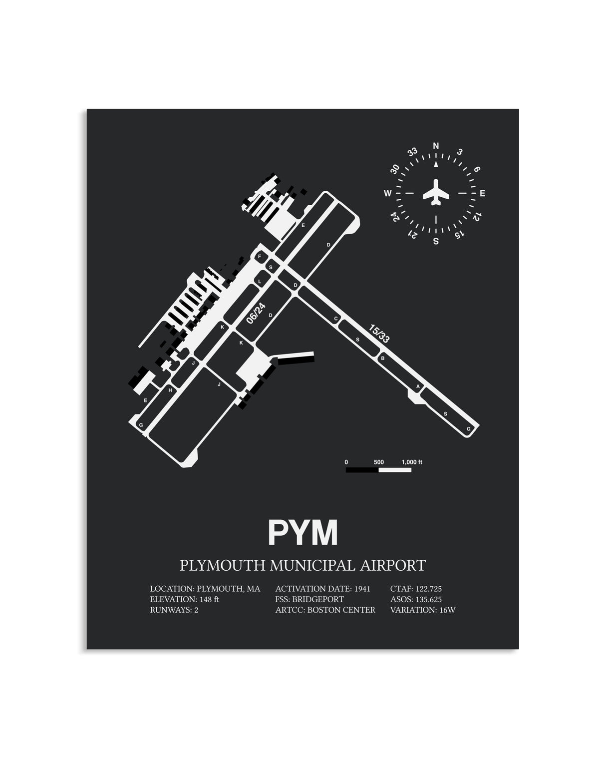 Gray Framed Plymouth Municipal Airport layout wall art poster