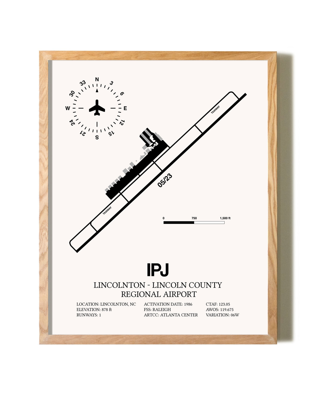 Lincolnton-Lincoln County Regional Airport framed print in natural wood frame