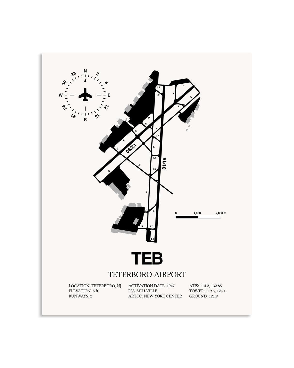 Gray Teterboro Airport framed poster displayed in an airplane hangar