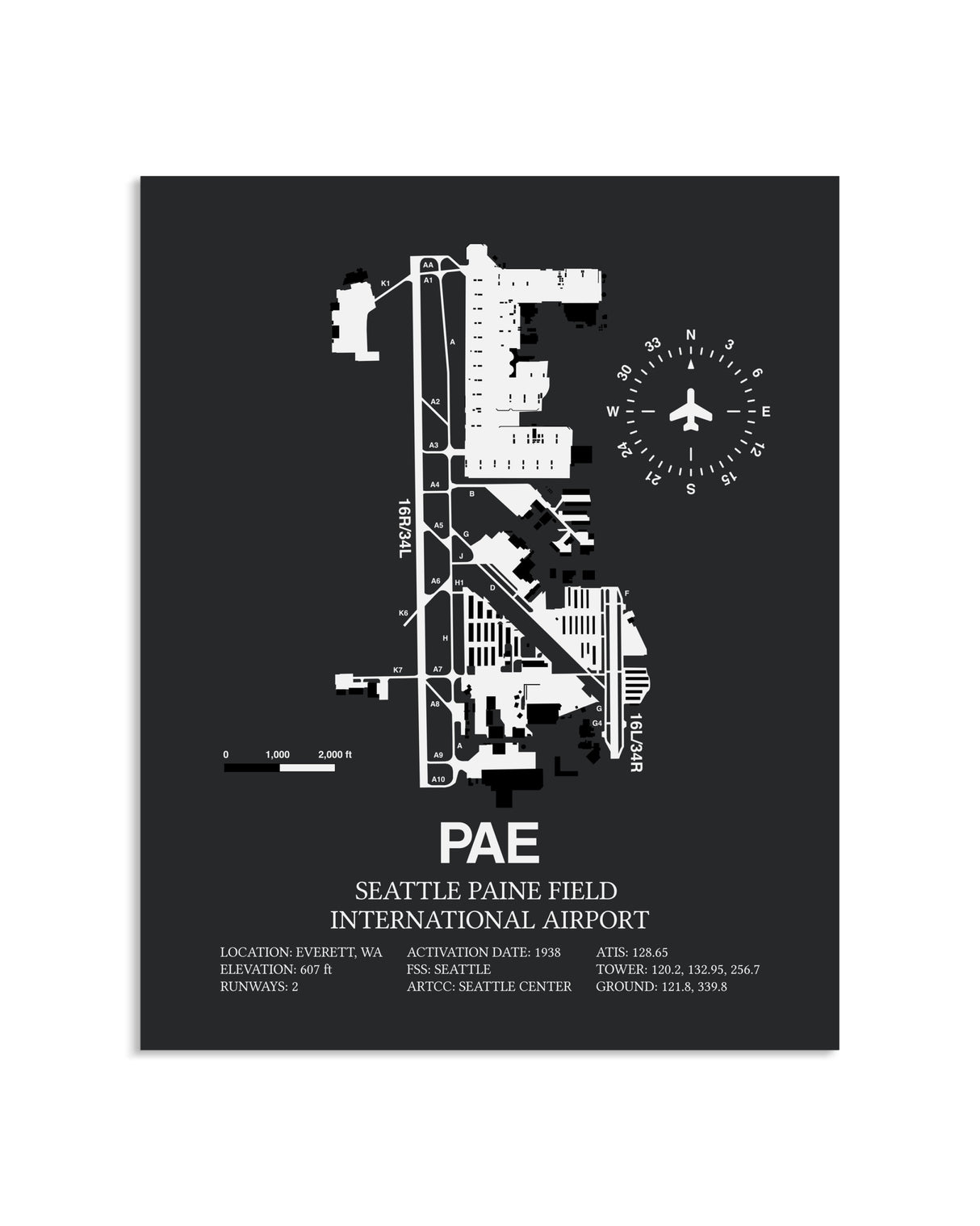 Gray Framed Seattle Paine Field International Airport layout wall art poster