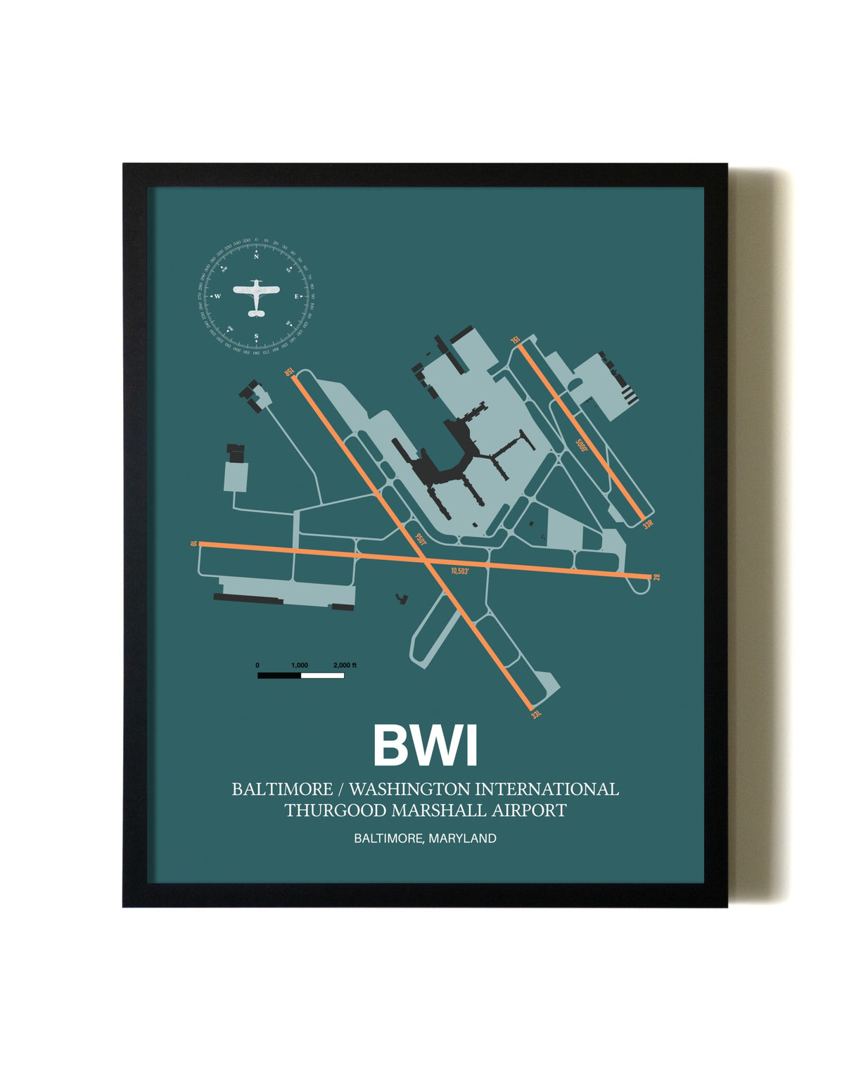 Green Baltimore/Washington International Thurgood Marshall Airport aviation wall décor in black wood frame
