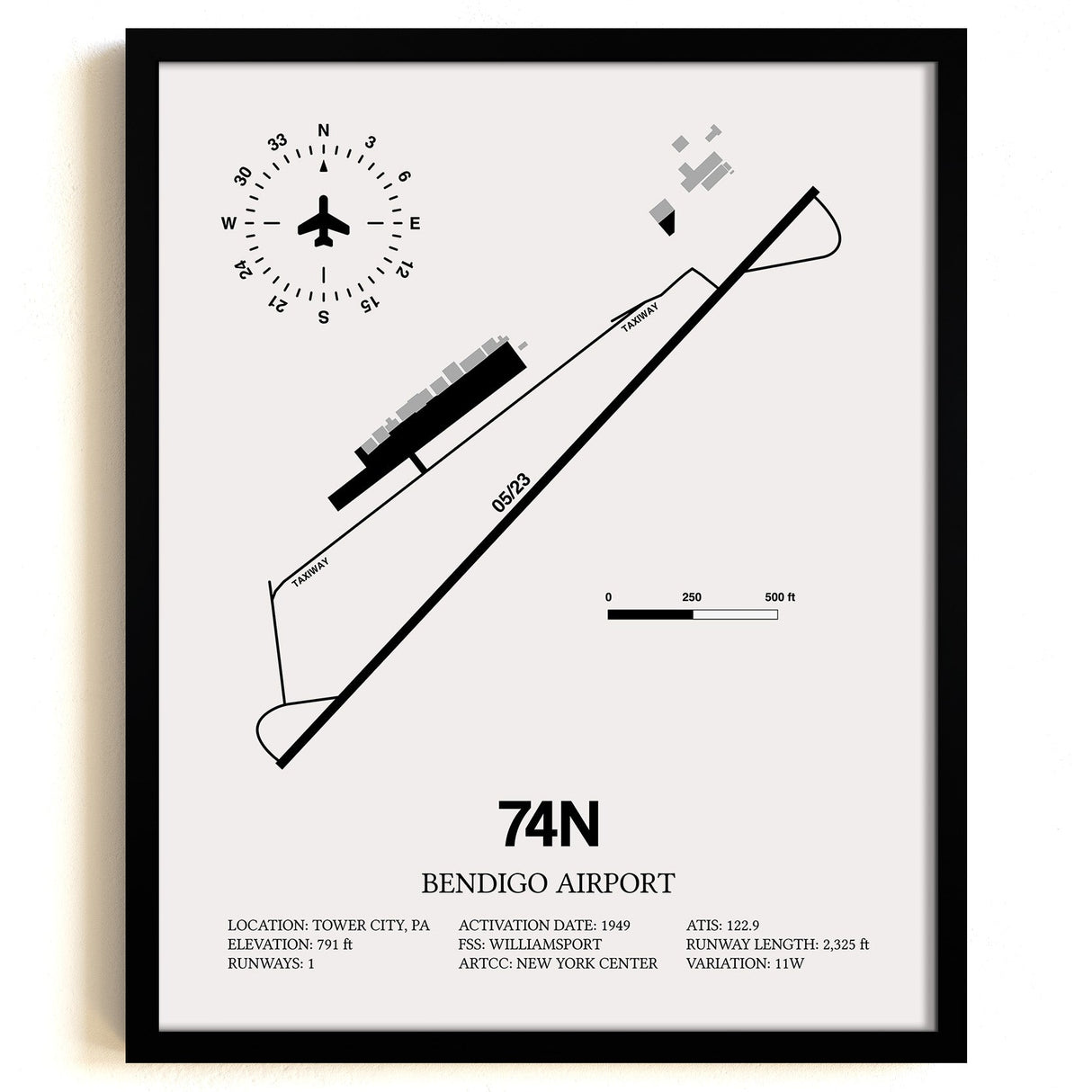 Framed Detailed Airport Map of Bendigo Airport (74N) in White with a Black Frame