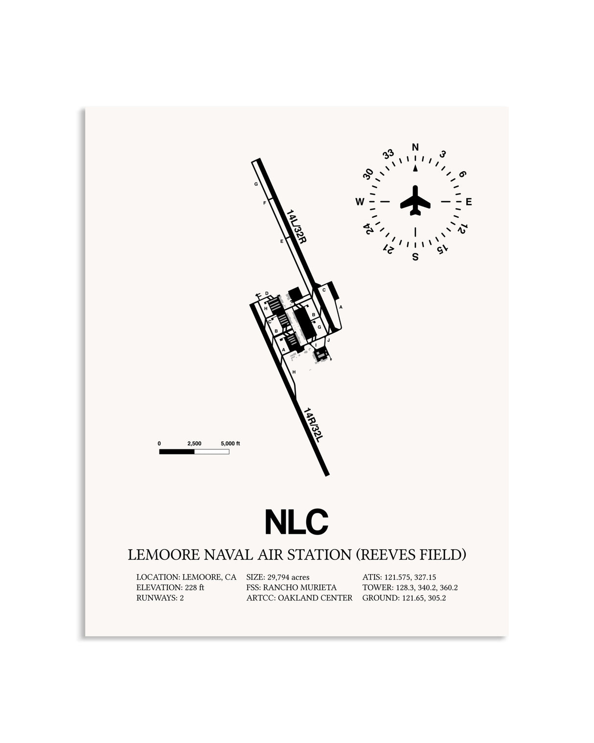 Gray Lemoore Naval Air Station (Reeves Field) framed poster displayed in an airplane hangar