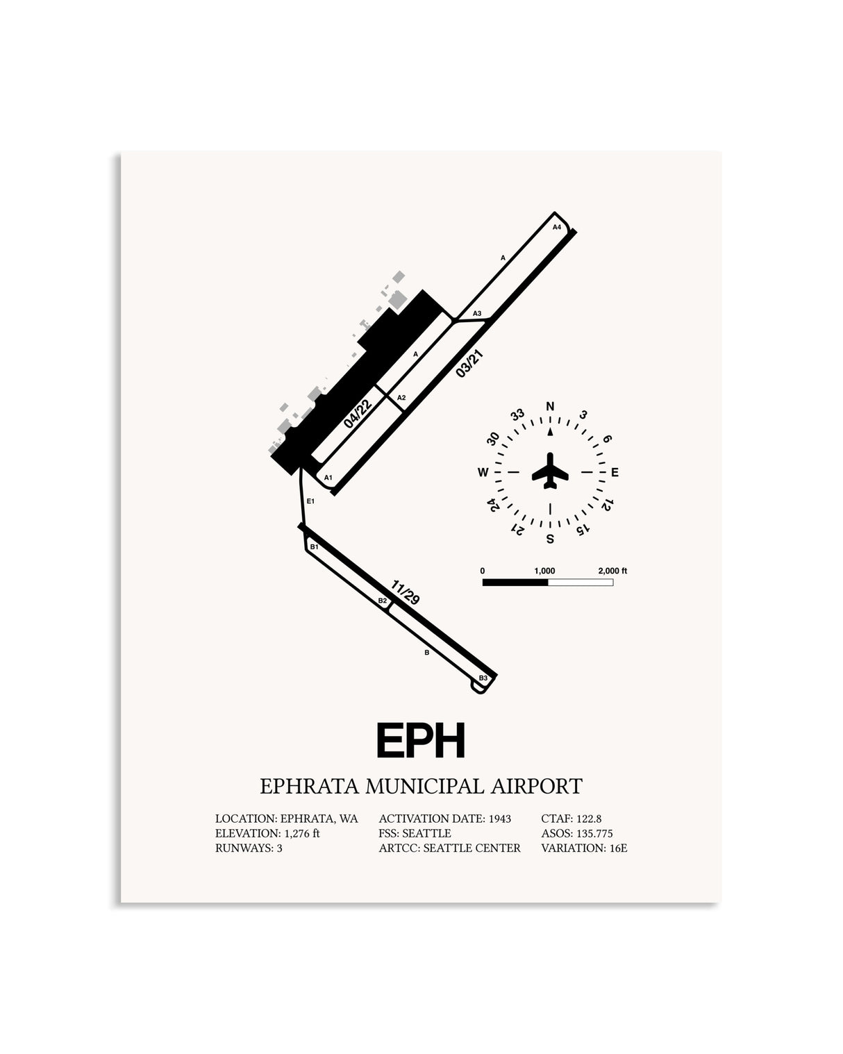 Gray Ephrata Municipal Airport framed poster displayed in an airplane hangar